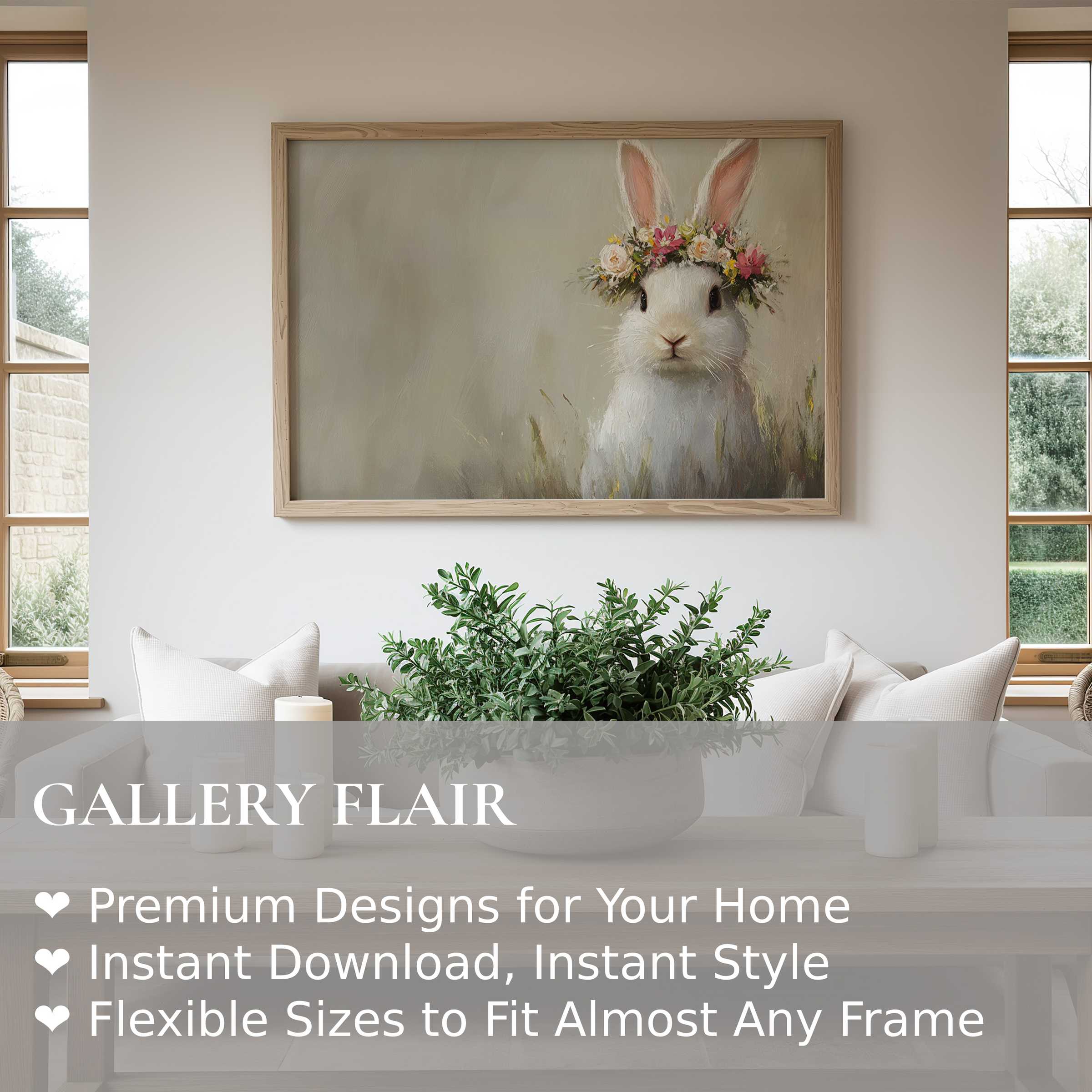 Easter wall art print featuring a serene white rabbit with a floral crown, adding soft charm to modern rustic interiors