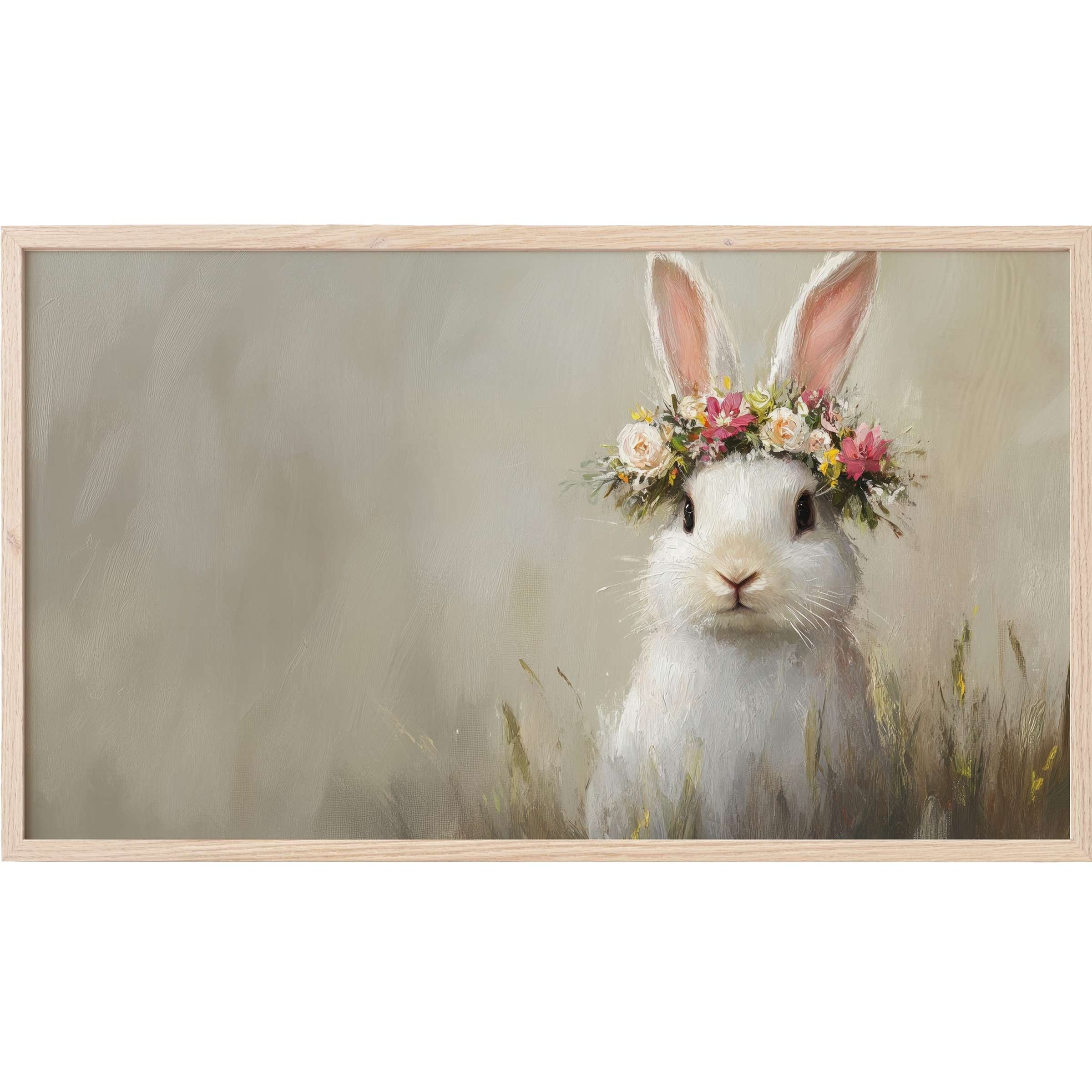 Elegant easter Frame TV Art of a white bunny with a pastel floral crown, soft brushstrokes and muted earth tones