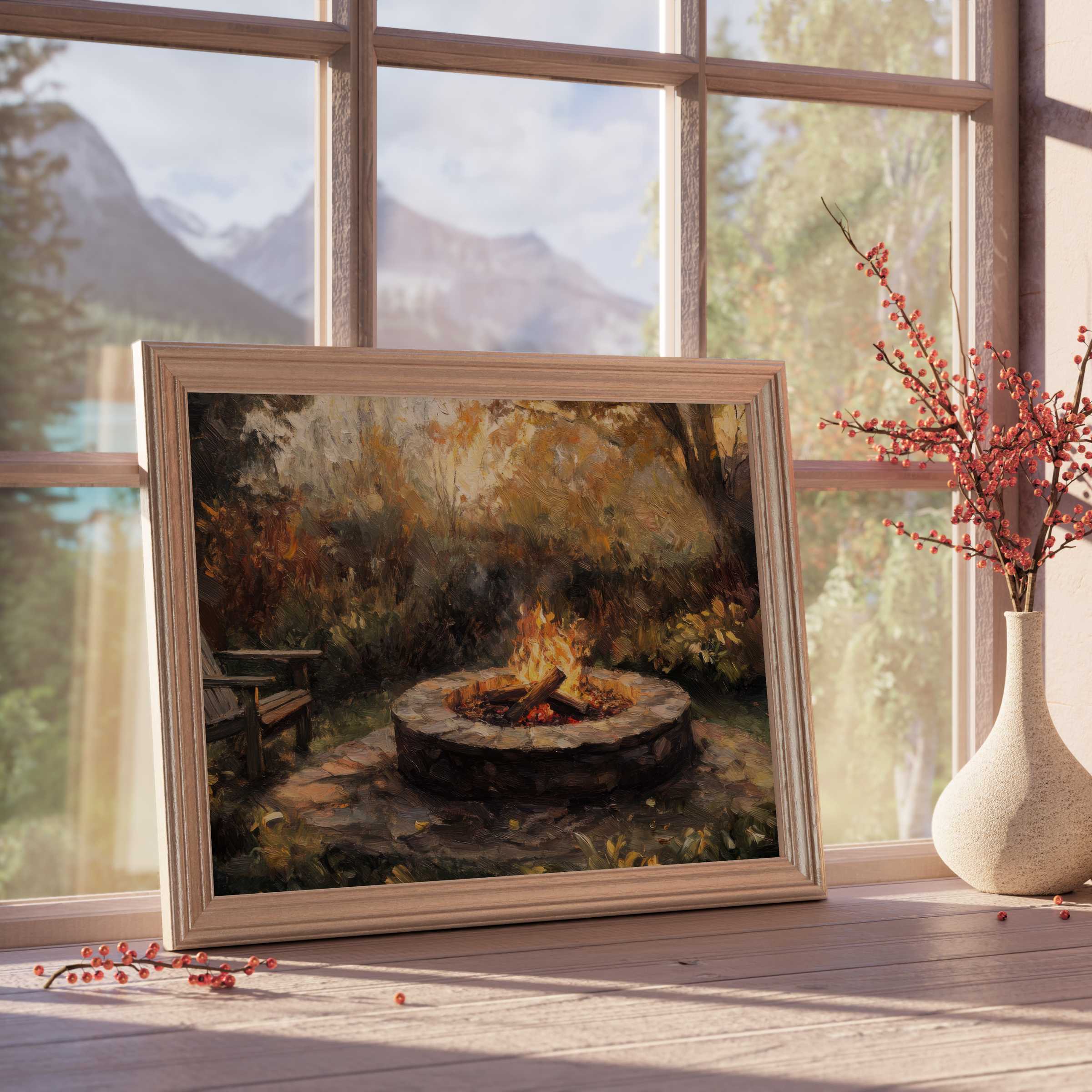 Fall downloadable art capturing a serene fire pit scene, infusing warm, rustic charm into curated modern interiors