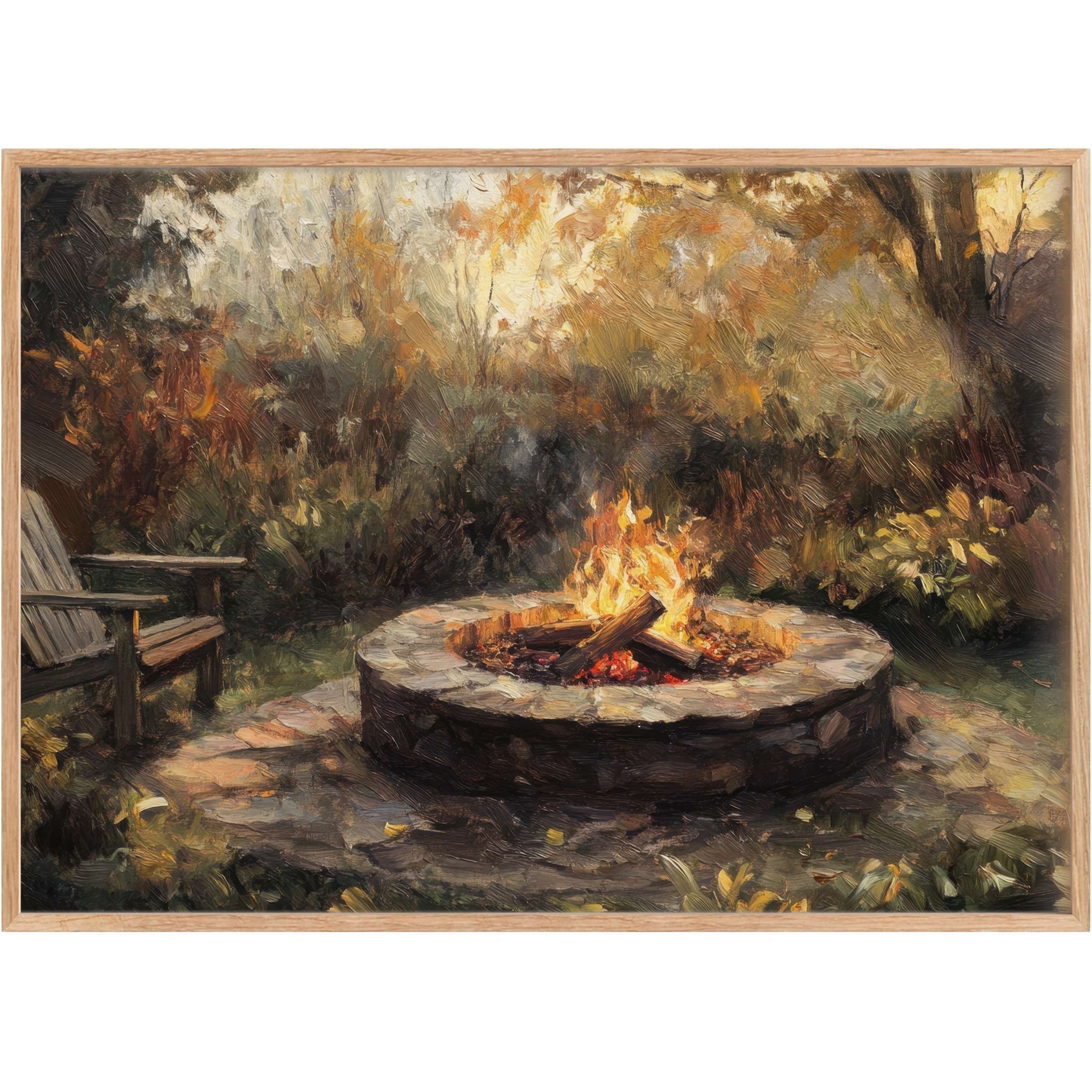Fall printable wall art capturing a radiant, cozy fire pit amid golden amber foliage, evoking warmth and serene autumn evenings