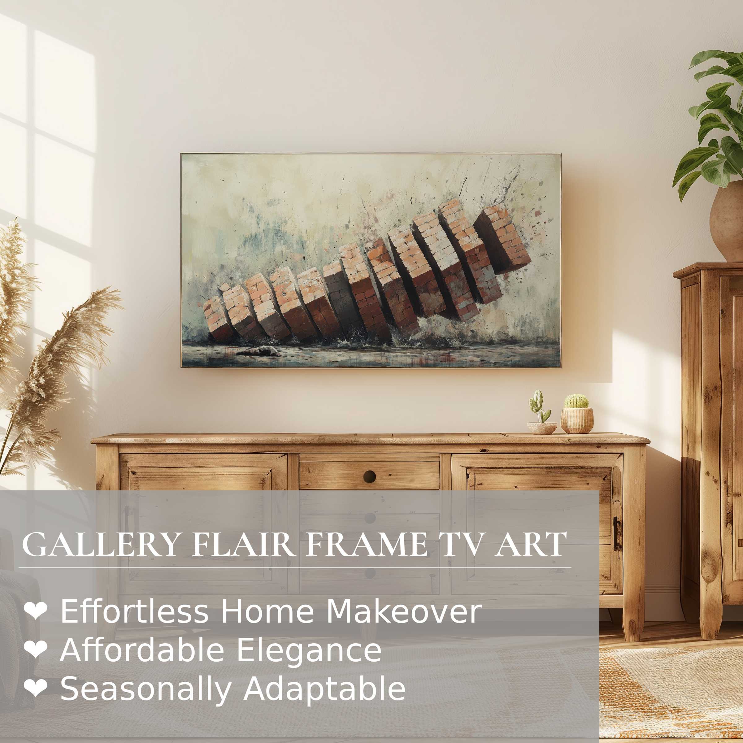 Modern living room with Samsung Frame TV showcasing dynamic street art digital artwork in warm, elegant natural tones