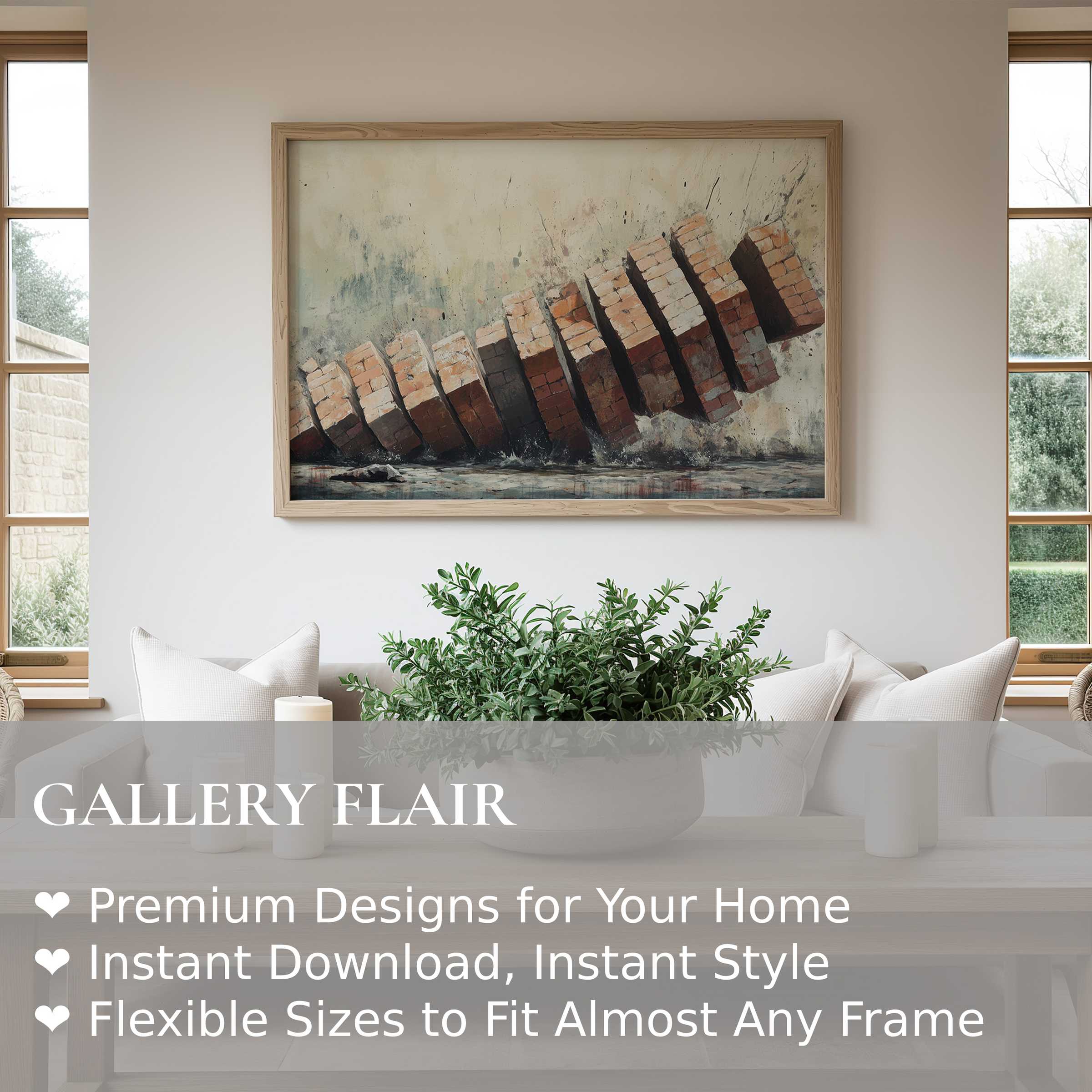 Bold street art wall art print showcasing a domino effect in distressed bricks, enhancing minimalist modern living rooms with urban edge and dynamic energy