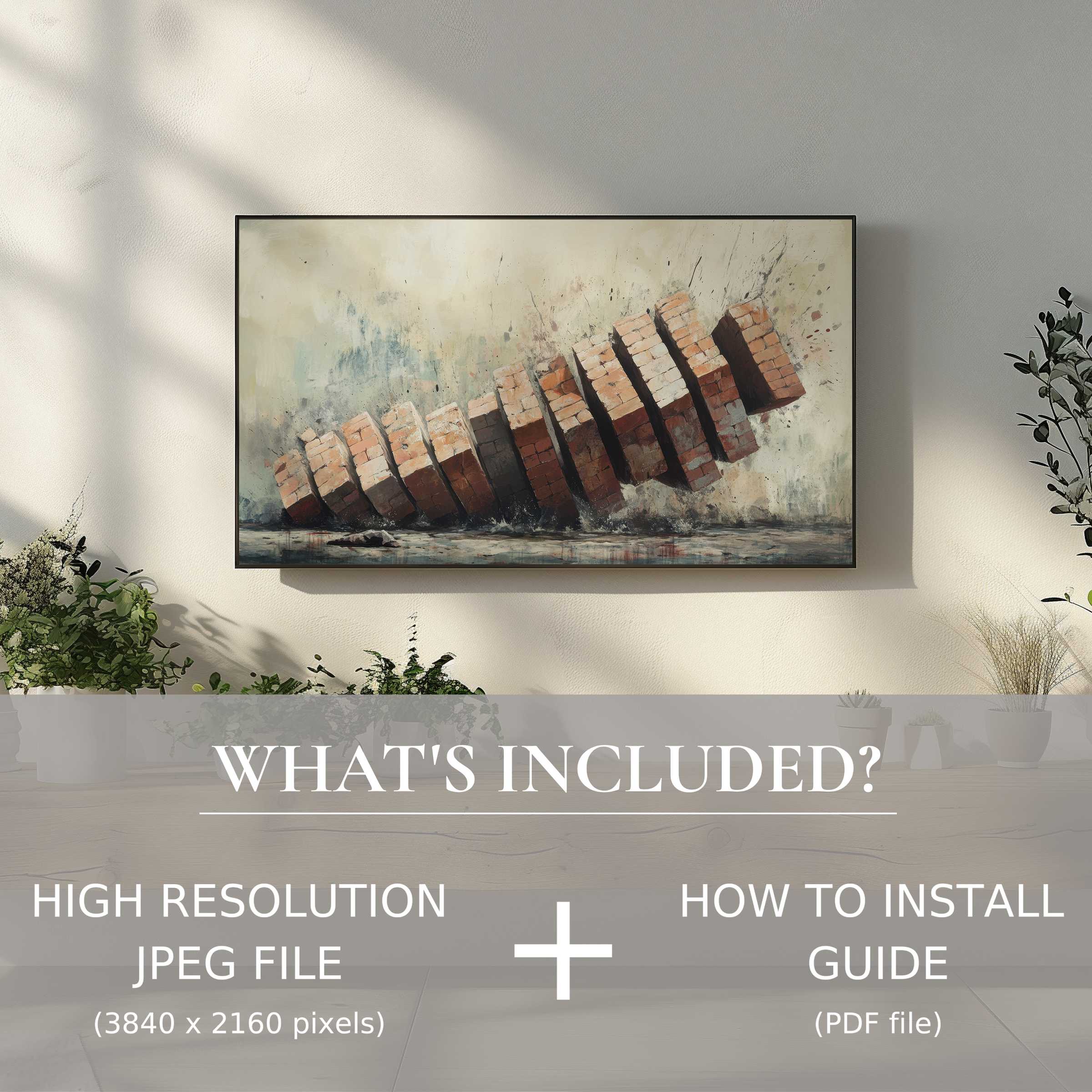 Modern living room with street art digital TV art download; easy digital use enhances stylish spaces effortlessly