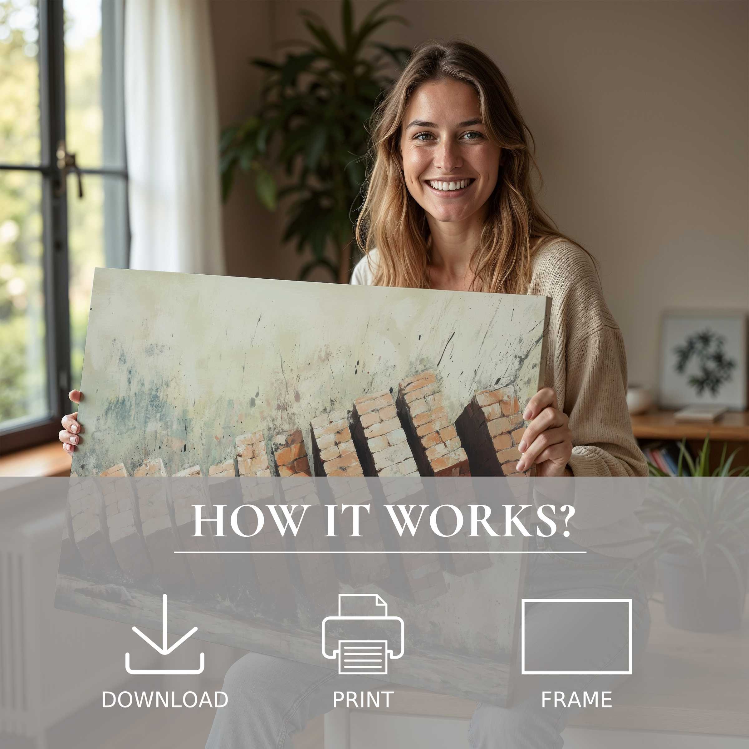 A serene moment of connection and joy as a woman embraces urban charm with a street art digital art print in her modern home