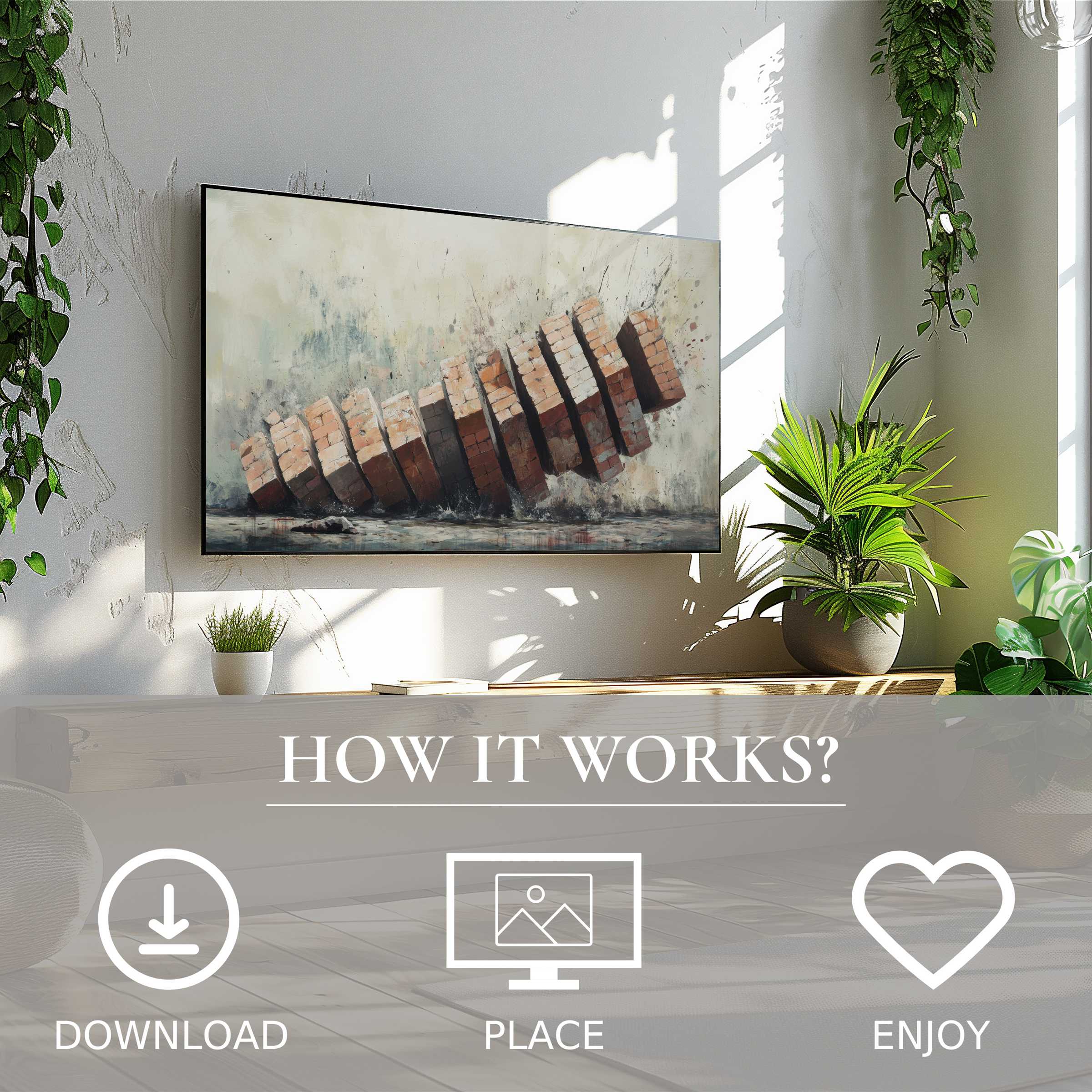 Modern living room with street art for Samsung TV showing tilted brick motif; easy digital download enriches space