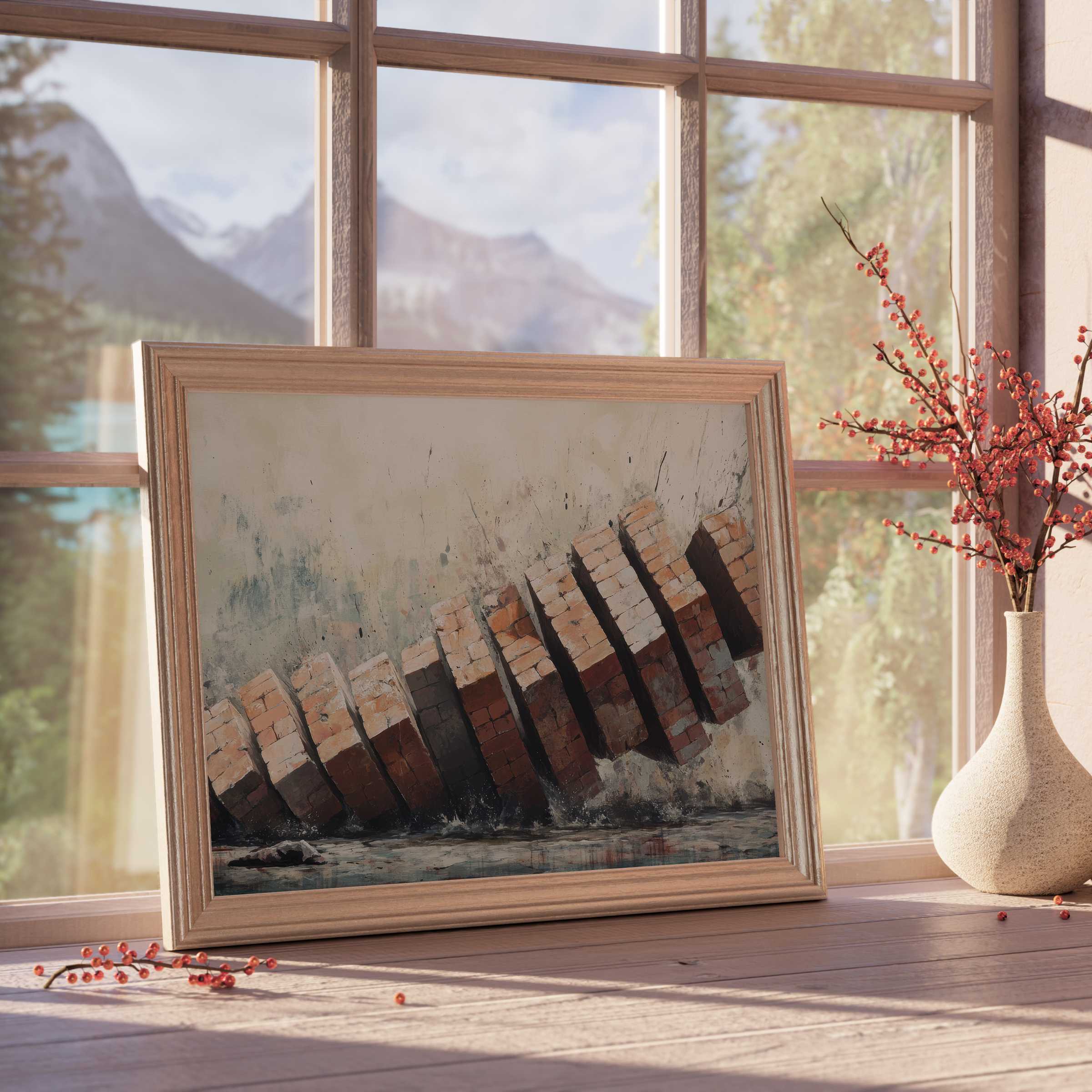 Street art downloadable art featuring dynamic brick dominoes, inspiring a vibrant, curated vibe for design-forward living spaces