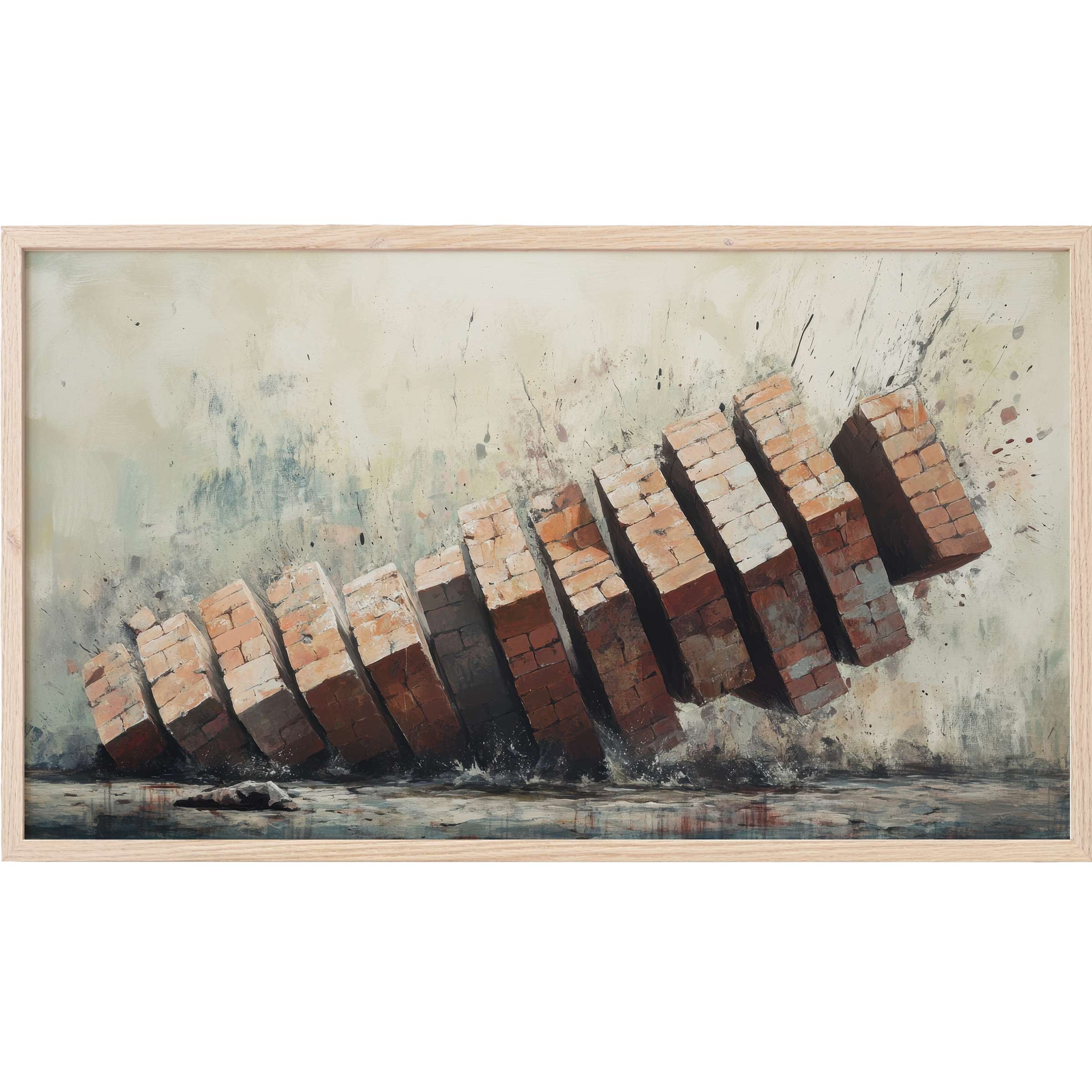 Street art Frame TV Art depicting dynamic falling bricks in warm earth tones with a textured, urban abstract style