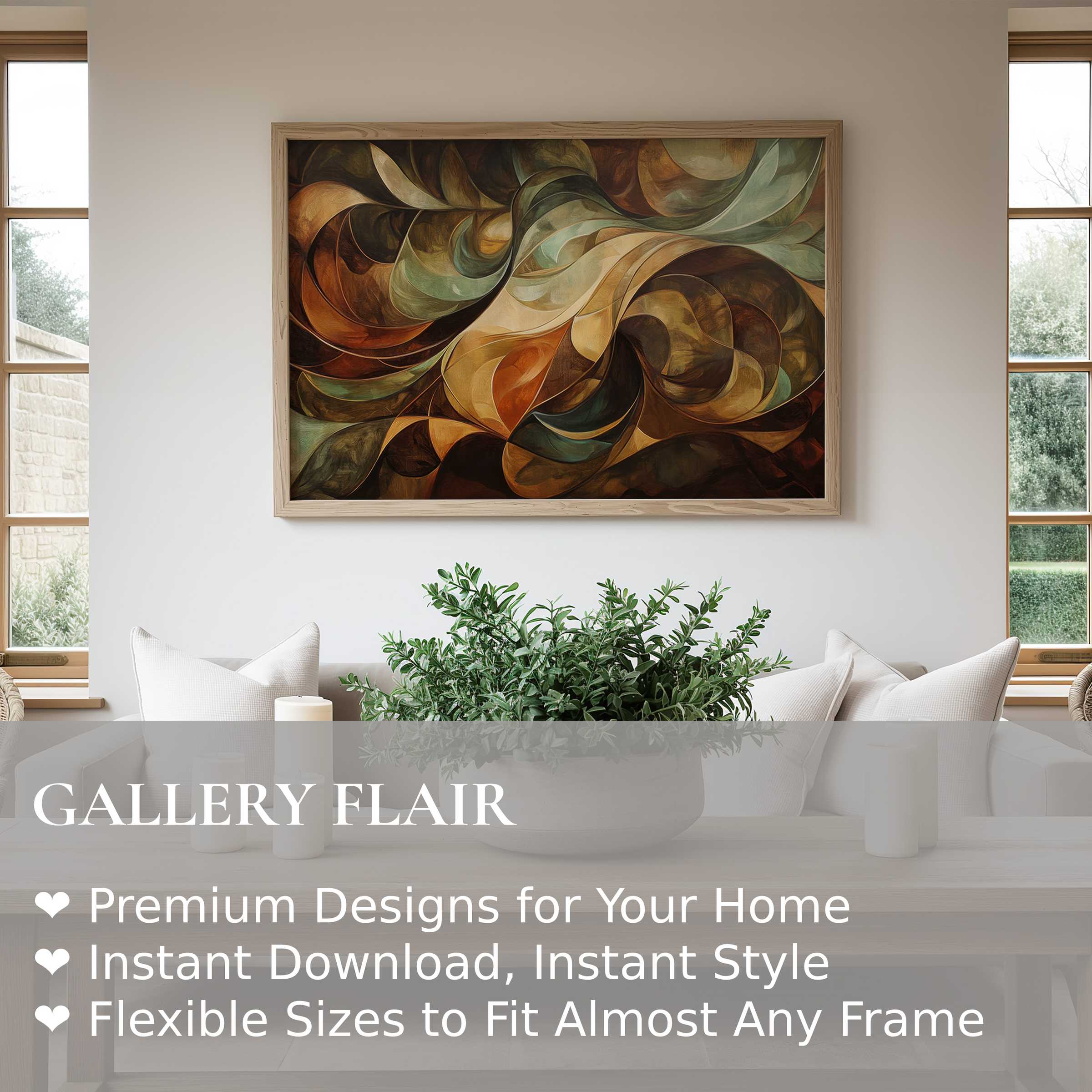 Abstract wall art print with warm earth tones and flowing curves, enhancing contemporary living rooms with organic elegance and cozy sophistication