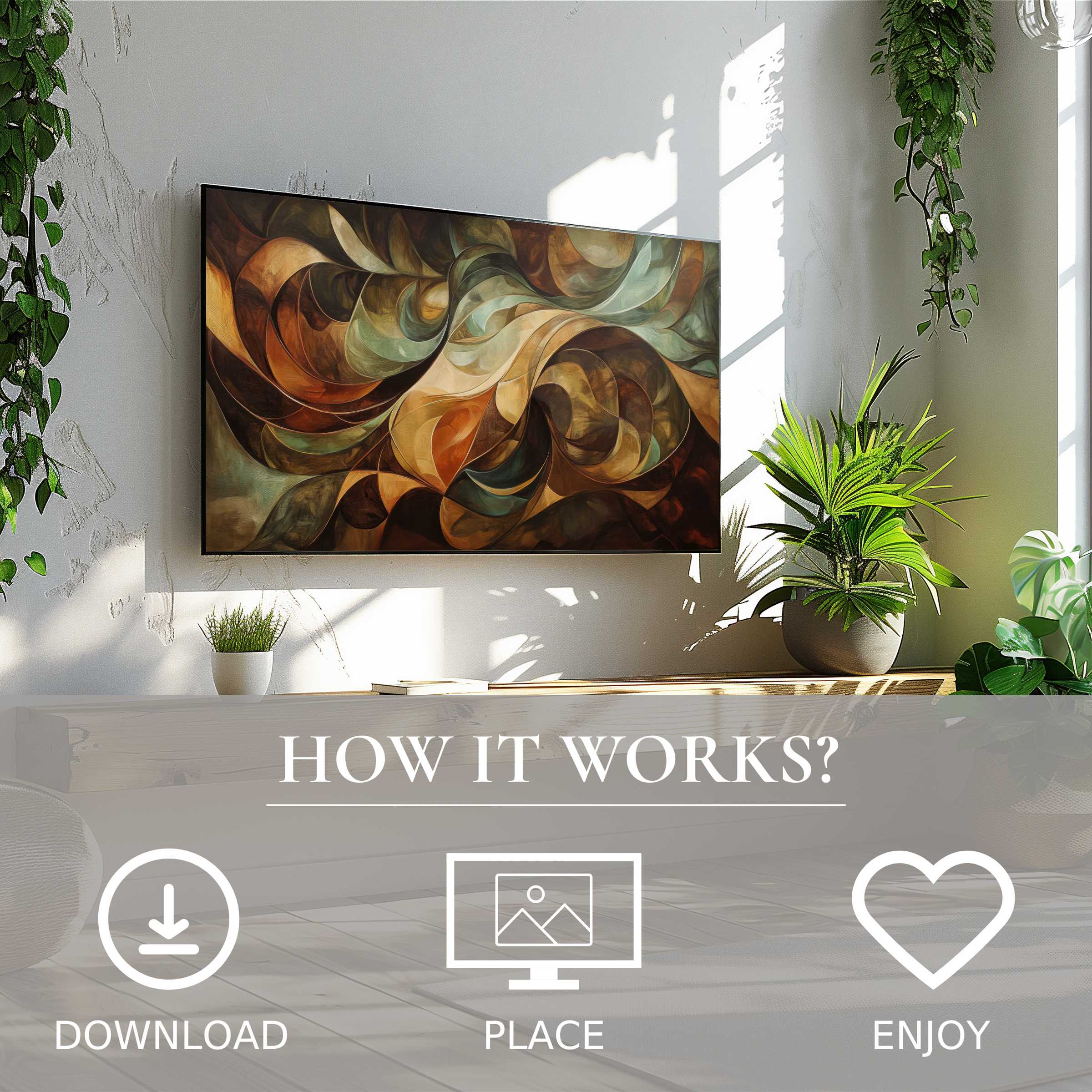 Abstract art for Samsung TV with warm earth tones enriches living spaces, simple digital download and easy display