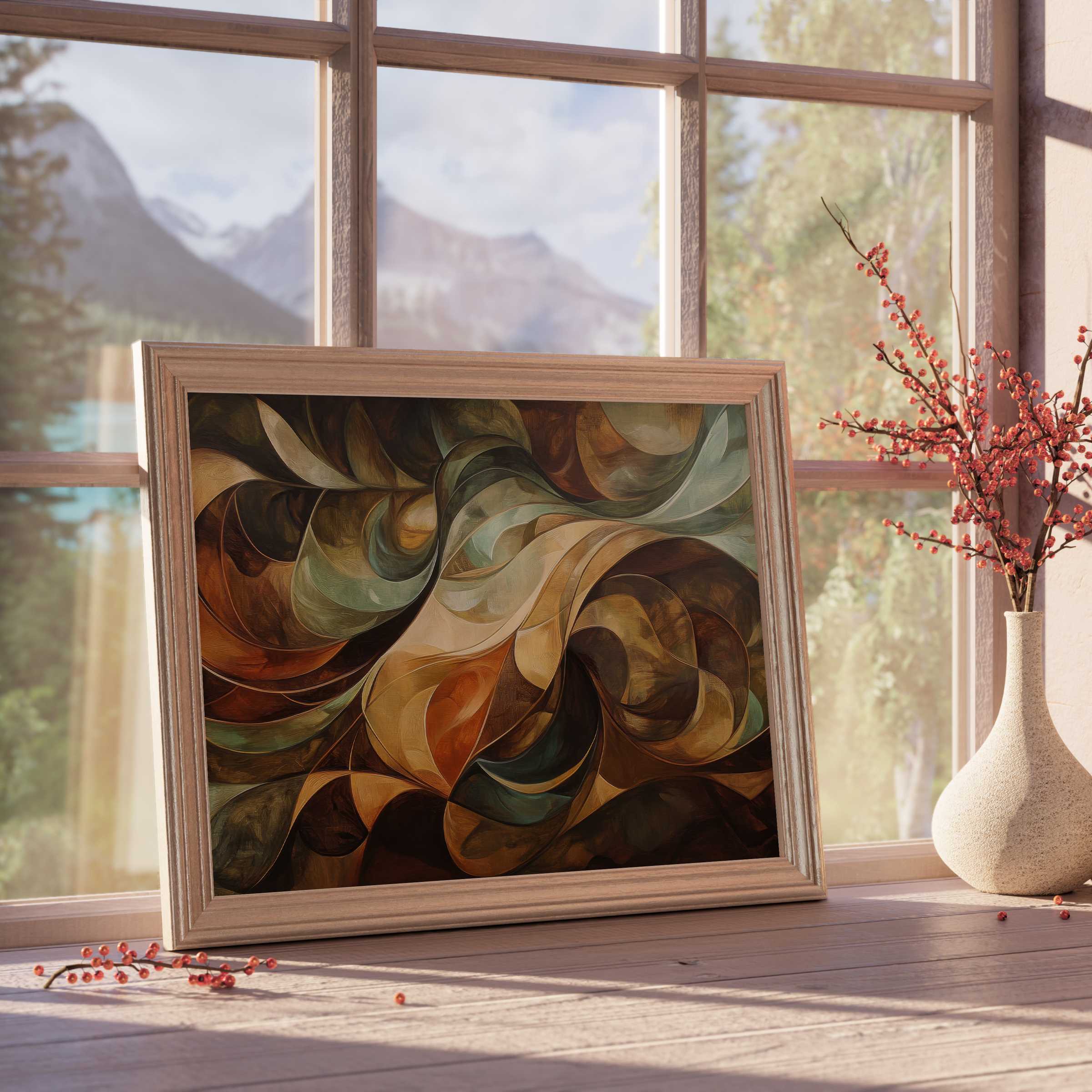 Abstract downloadable art in warm earth tones, enriching curated, tranquil spaces with organic flow and timeless sophistication