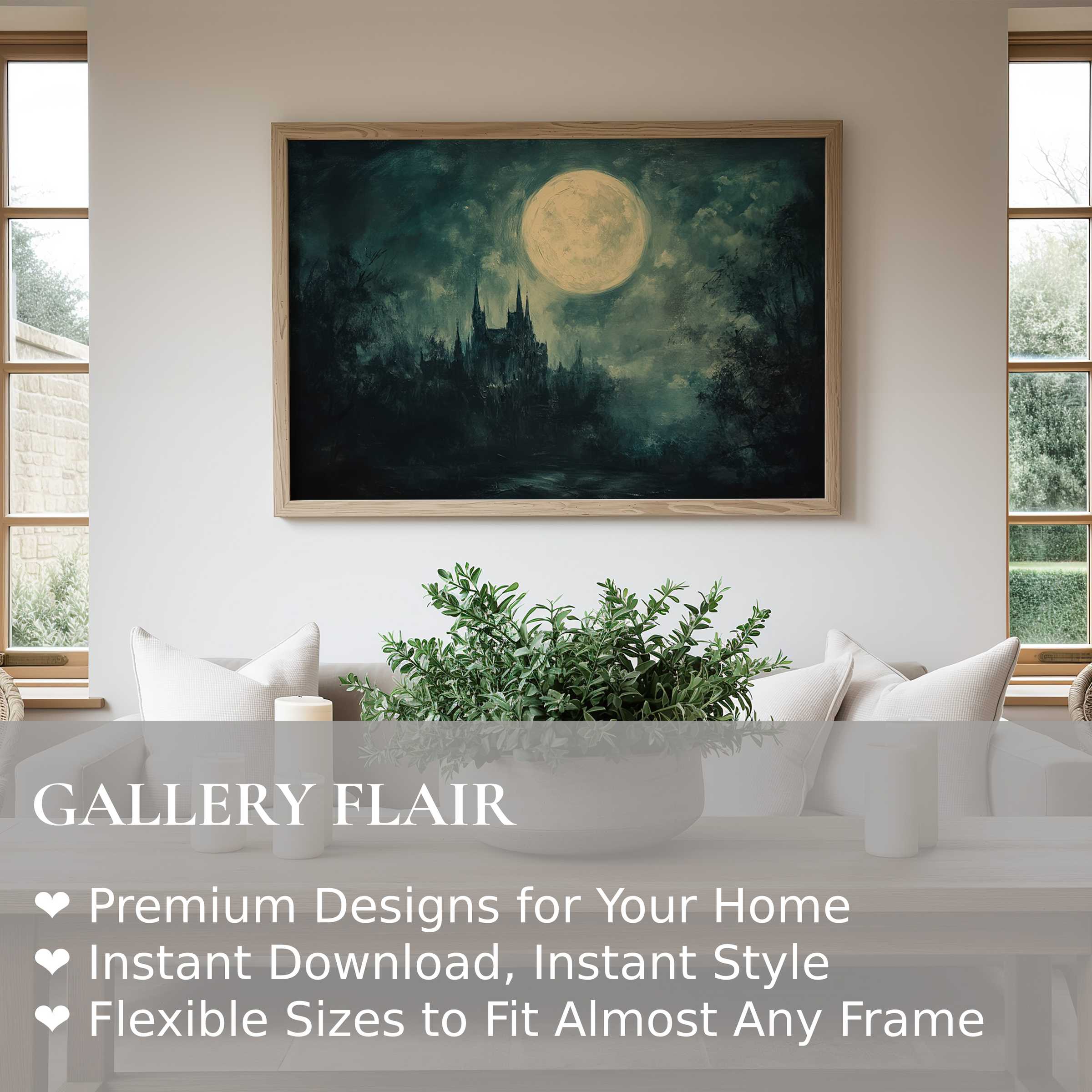 Eerie full moon over a gothic castle in moody blues enhances modern minimalist living with bold, atmospheric Halloween wall art print