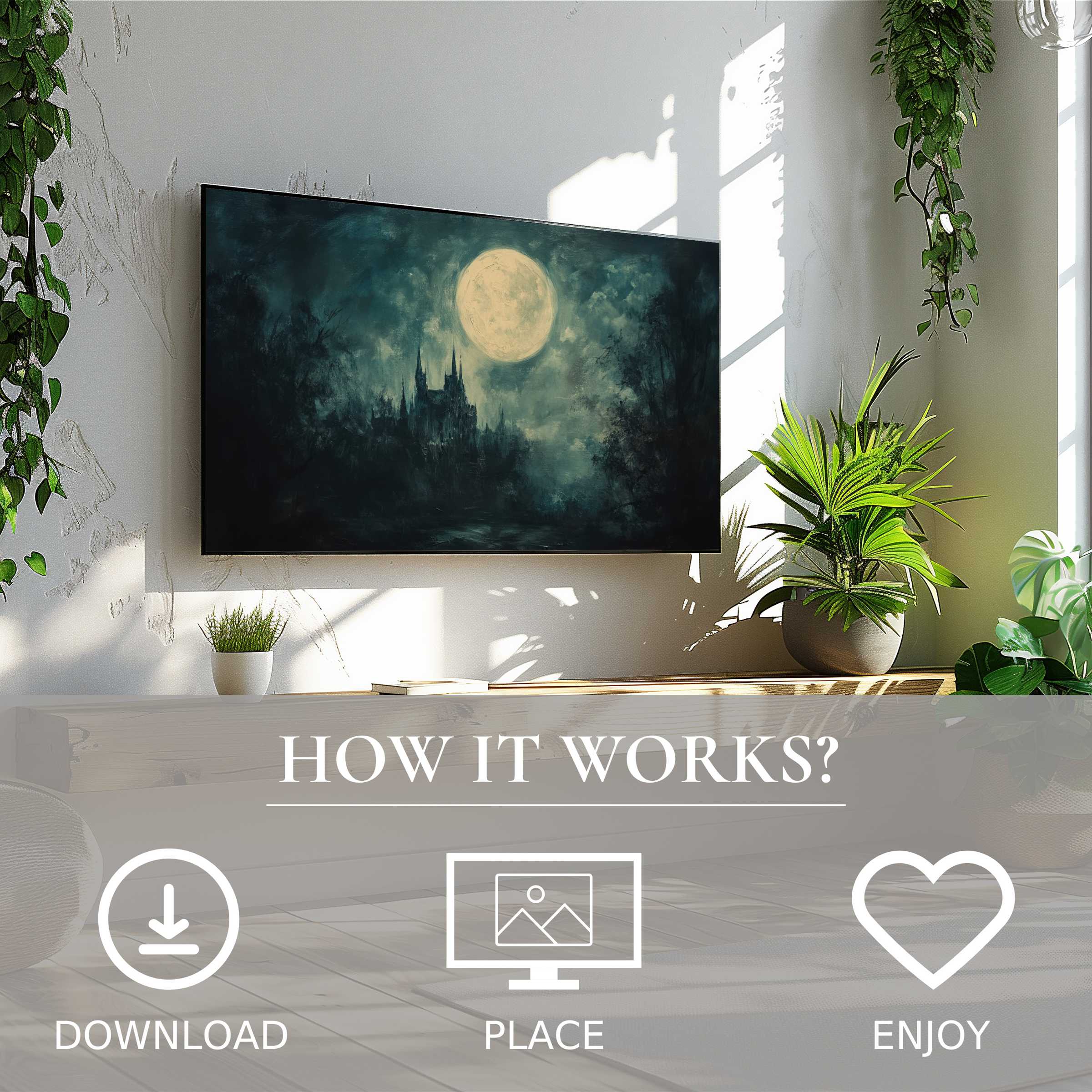 Modern living room with green plants and Halloween art for Samsung TV showing a misty castle and full moon, easy digital download