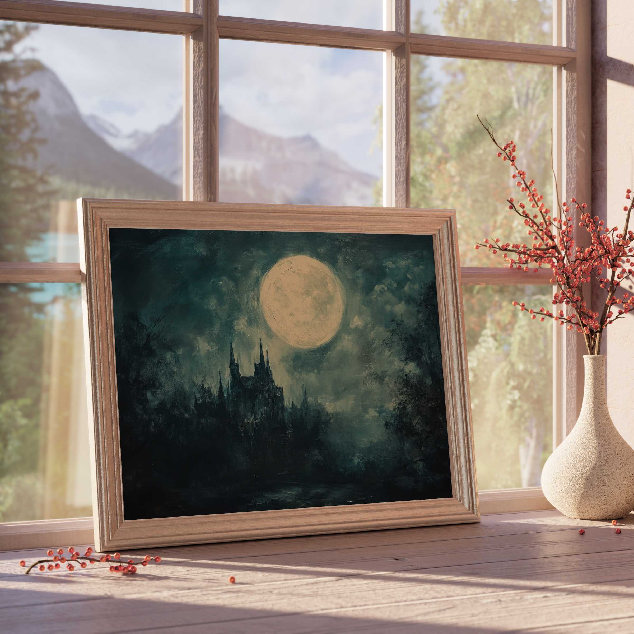 Halloween downloadable art capturing a moonlit gothic castle silhouette, evoking serene mystery in curated, tranquil interiors