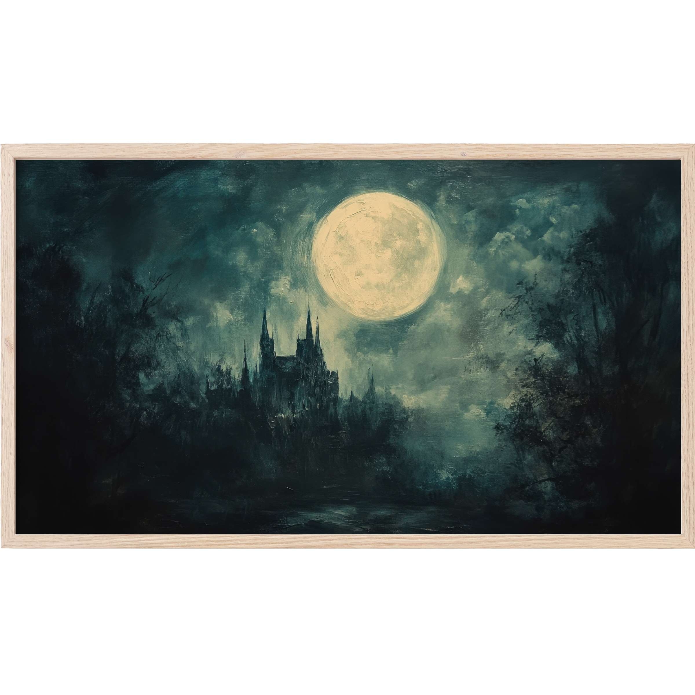Eerie gothic castle silhouette under a glowing full moon in deep blues and muted greens, halloween Frame TV Art