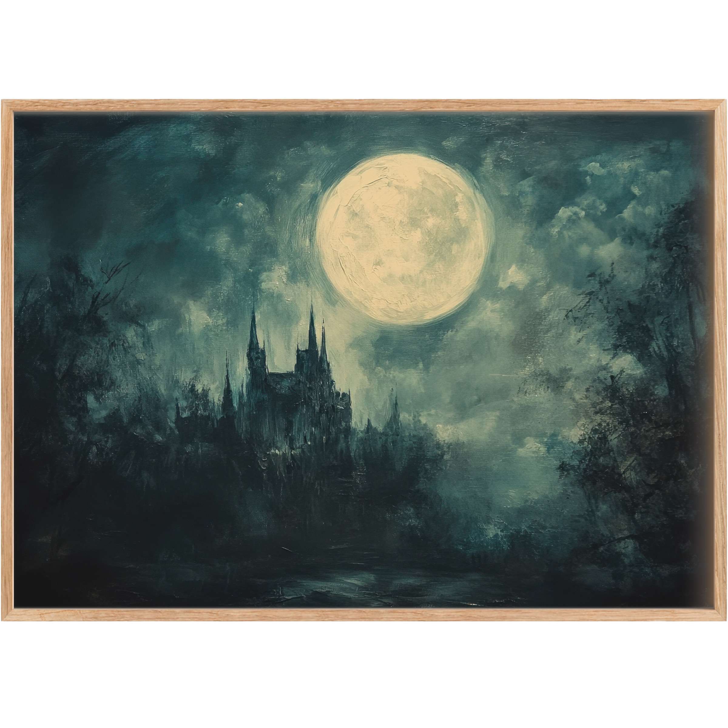 Evoke mystery with this Halloween printable wall art-an ethereal moonlit castle cloaked in deep teal and shadowy black, perfect for a bold, atmospheric space