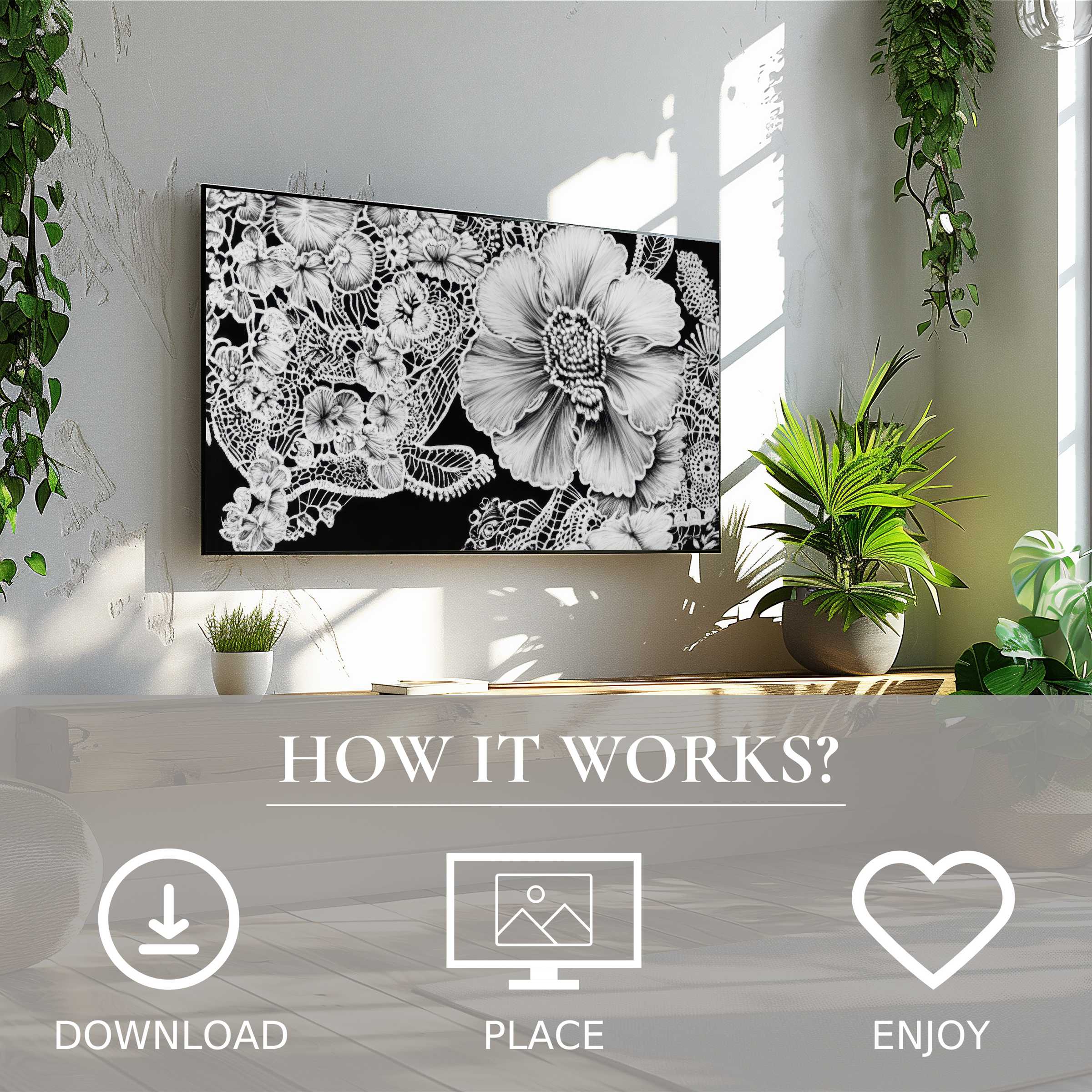 Black and white art for Samsung TV; floral lace motif enhances modern space; easy digital download for stylish decor