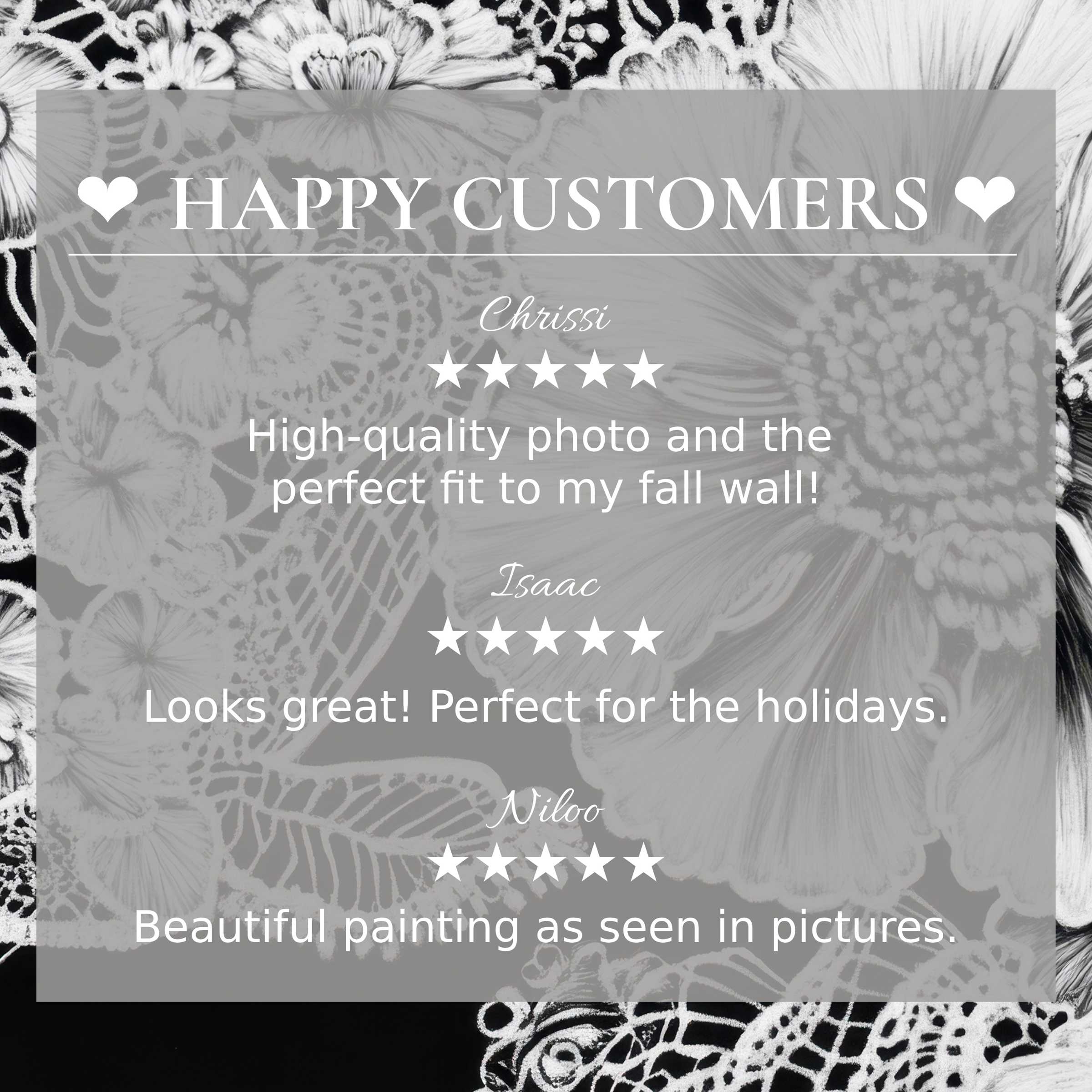 Black and white art for Frame TV with floral motifs, showing happy customer reviews that inspire trust and elegance