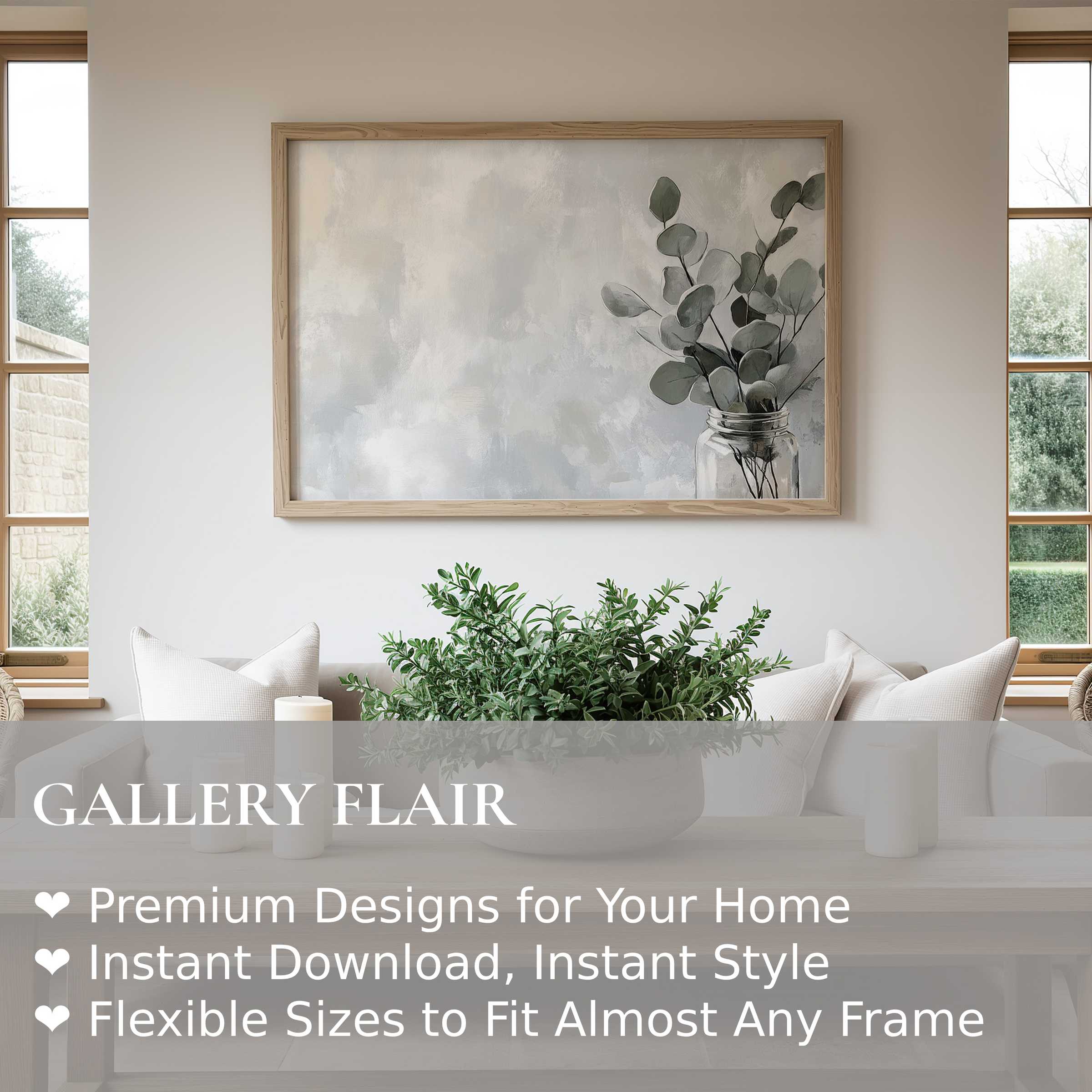 Elegant floral wall art print featuring soft eucalyptus leaves in a glass jar, enhancing minimalist, modern neutral interiors with calming botanical charm
