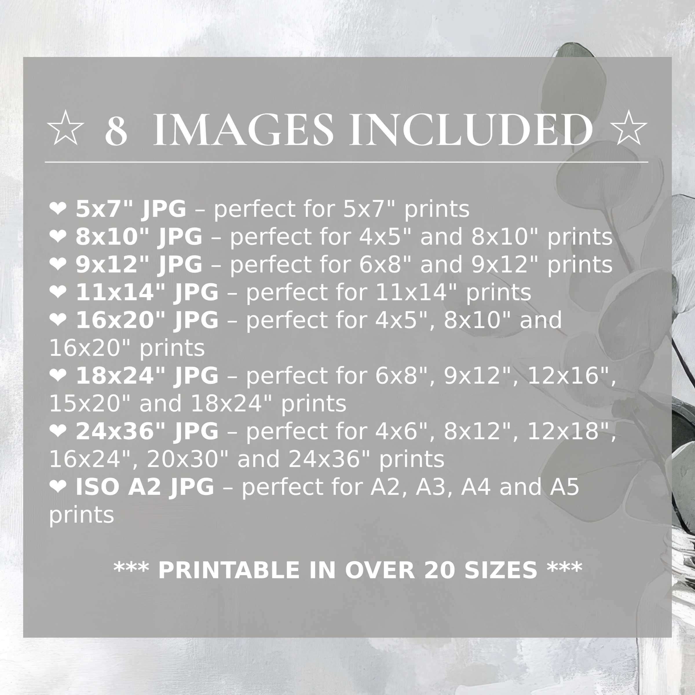 Floral digital print in soft greys and muted greens, radiating calm elegance; includes 8 premium sizes for versatile, modern interiors