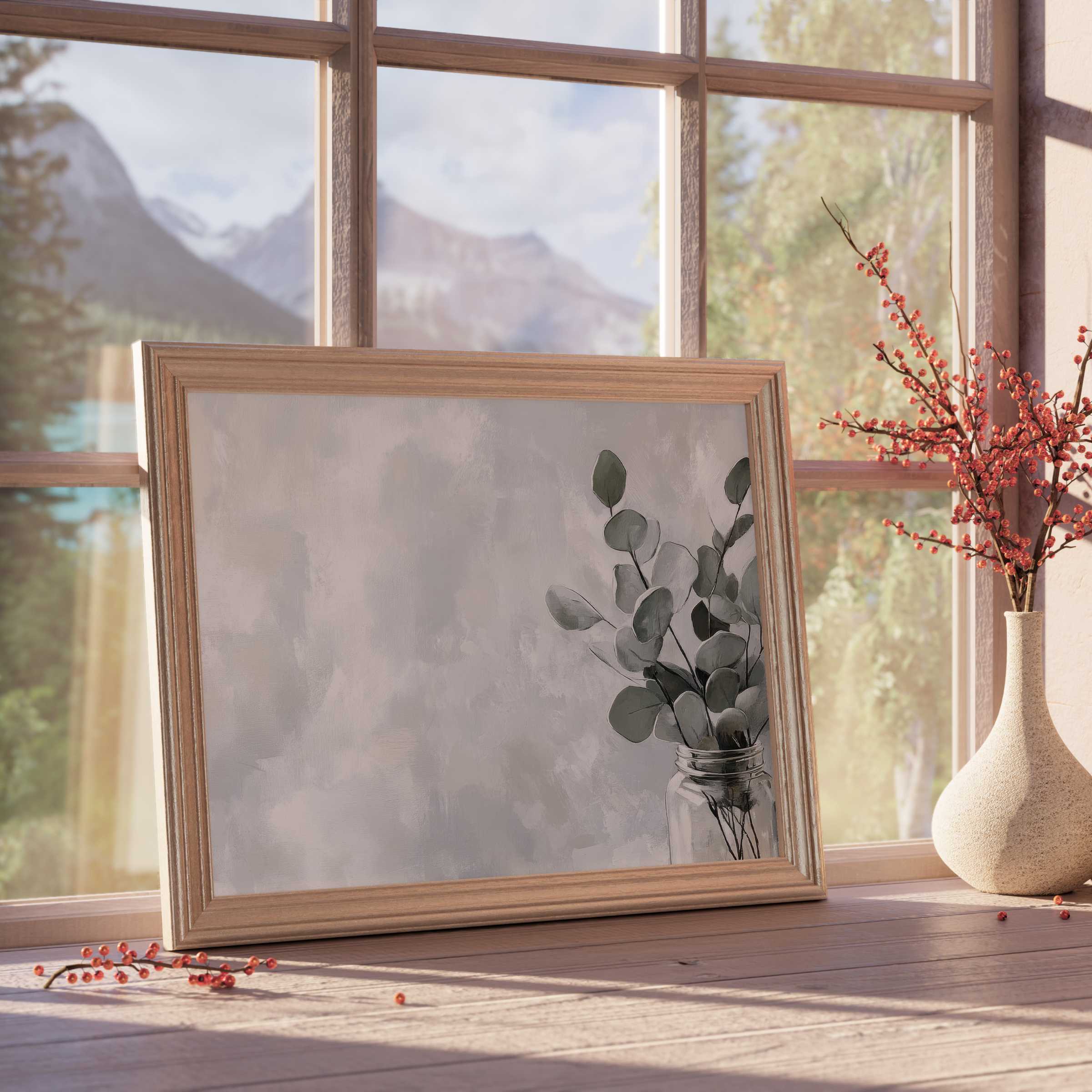 Elegant floral downloadable art featuring muted eucalyptus in soft neutrals, enhancing tranquil, curated minimalist interiors