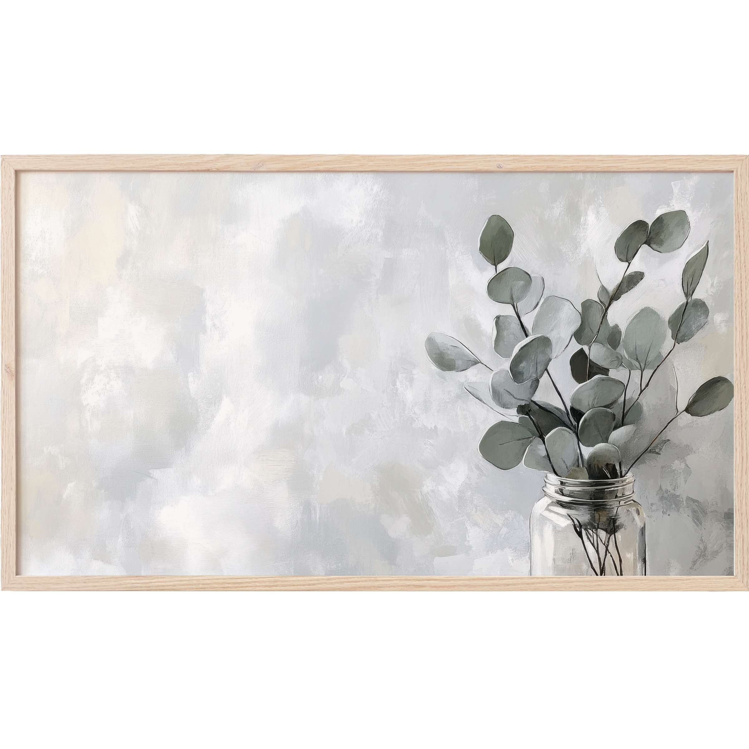 Floral Frame TV Art featuring muted green eucalyptus in glass jar against soft, textured gray-white background