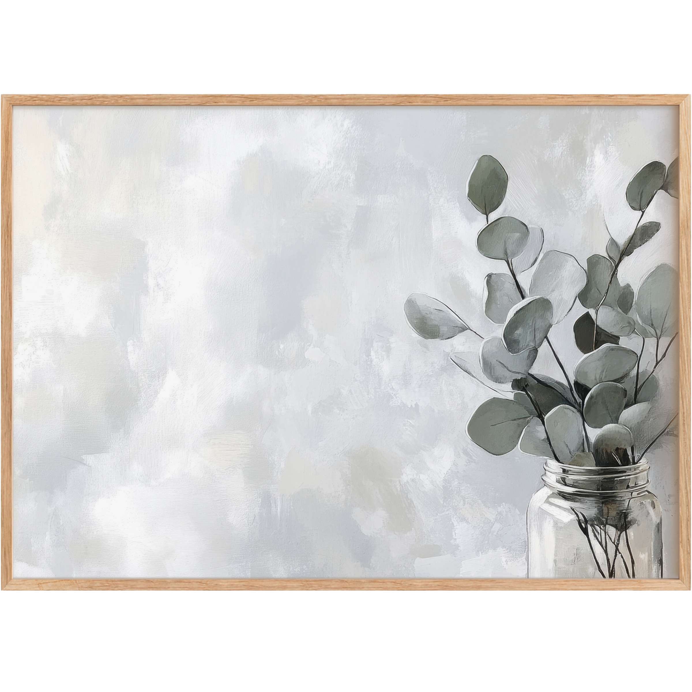 Muted gray and sage leaves in a jar evoke serene elegance, perfect floral printable wall art for a calming, modern space