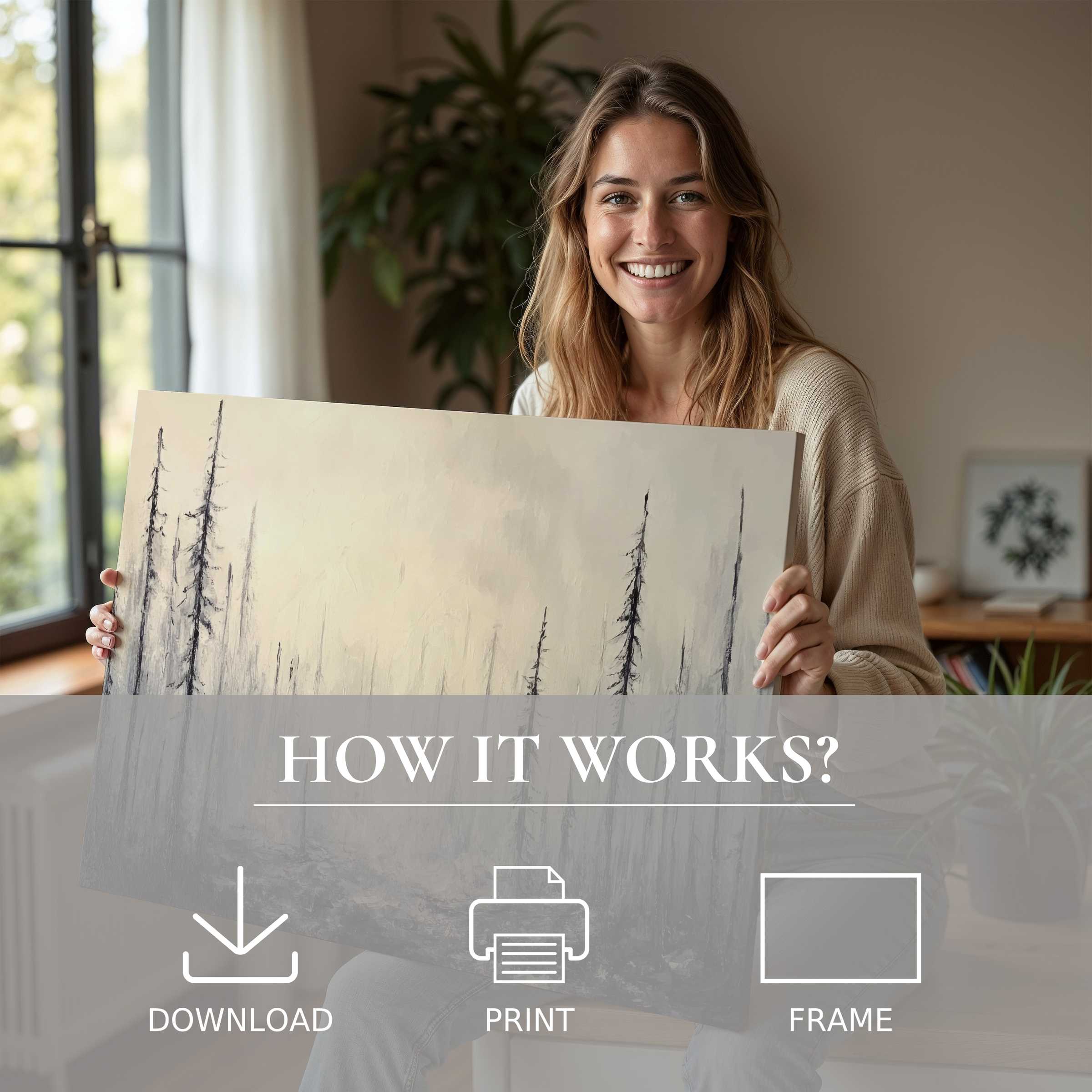 Woman in a serene modern home joyfully embracing a tree digital art print, embodying art’s effortless charm and connection