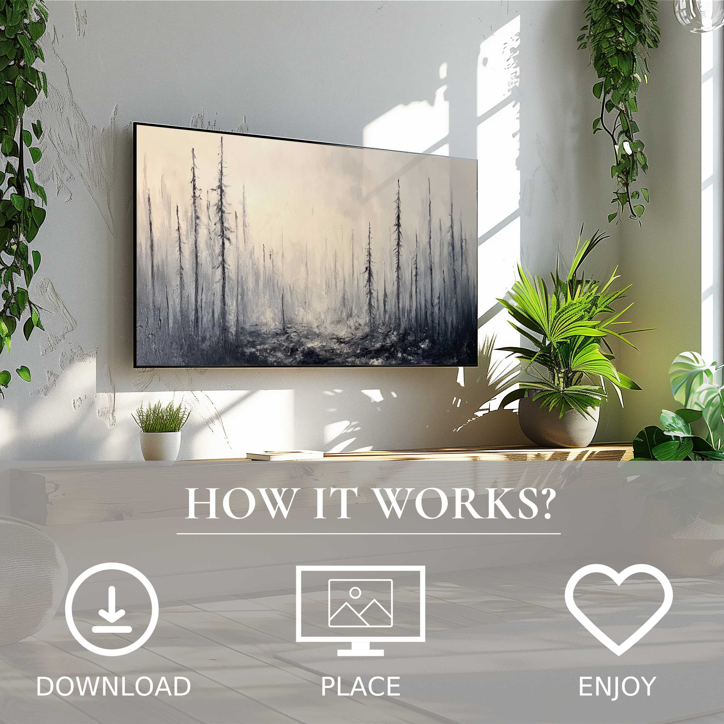 Tree art for Samsung TV shows misty forest monochrome motif in modern living room; simple digital download enriches space