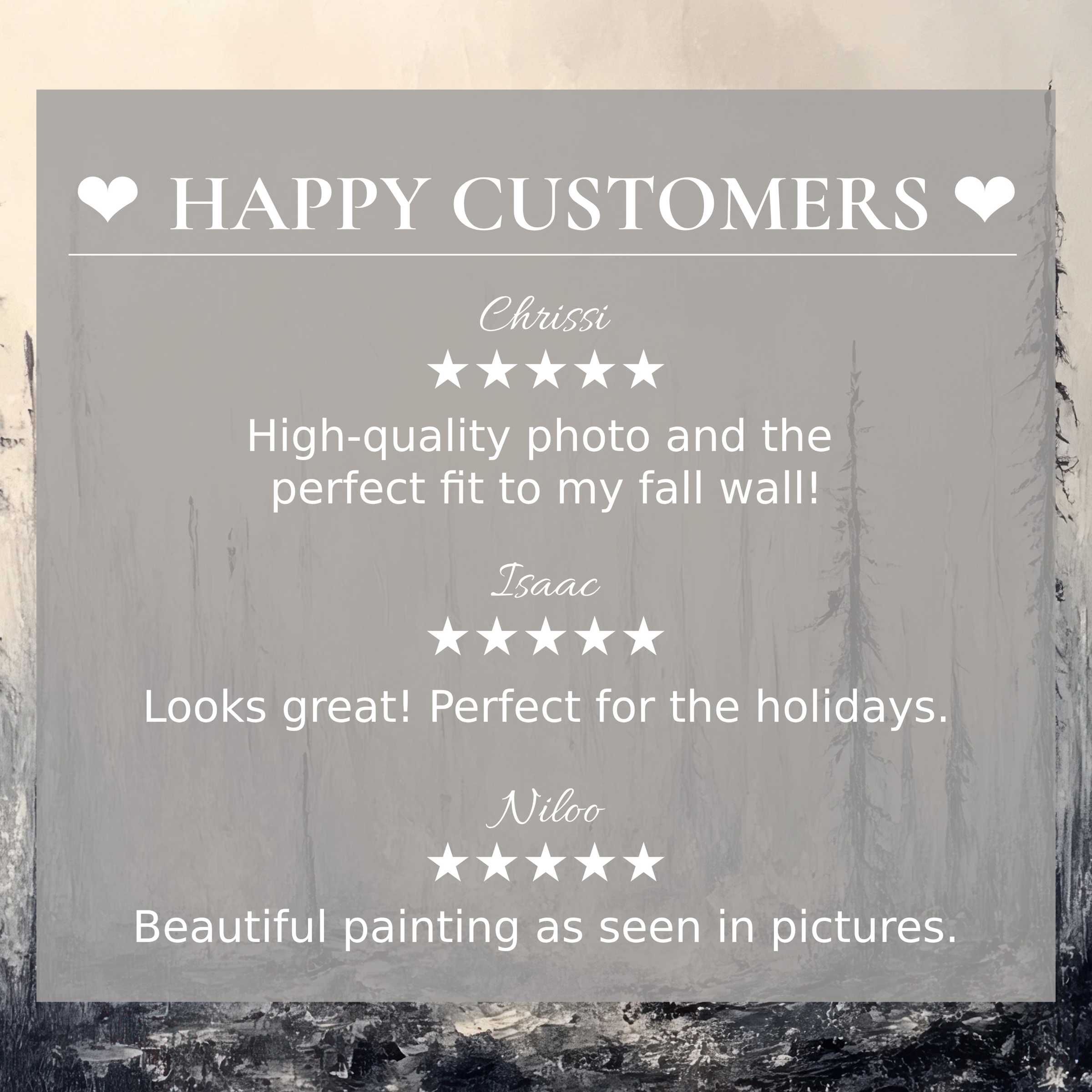 Elegant trees art for Frame TV with abstract sunset hues, highlighting happy customer reviews that inspire trust and style