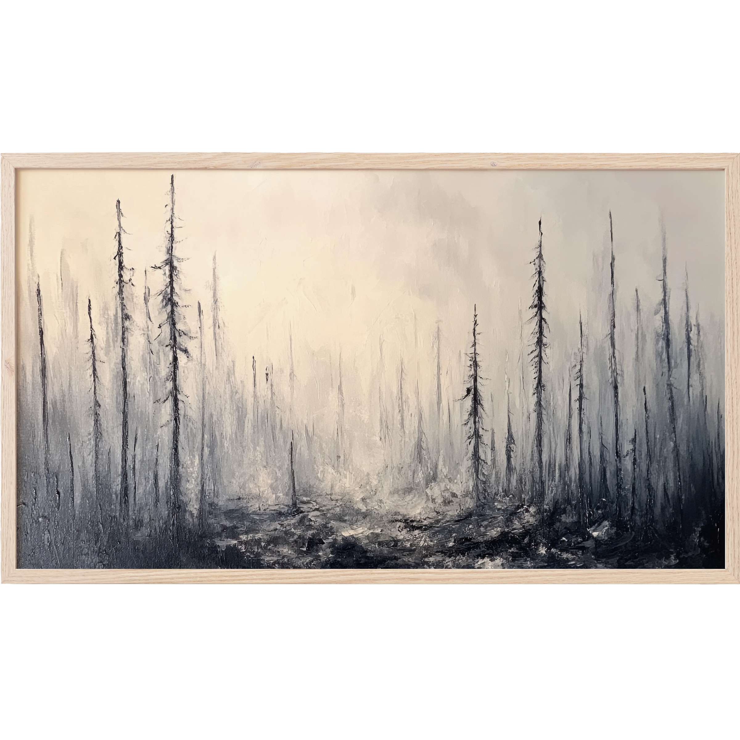 Subtle monochrome forest in textured strokes, soft grays to black, elegant tree Frame TV Art for modern interiors