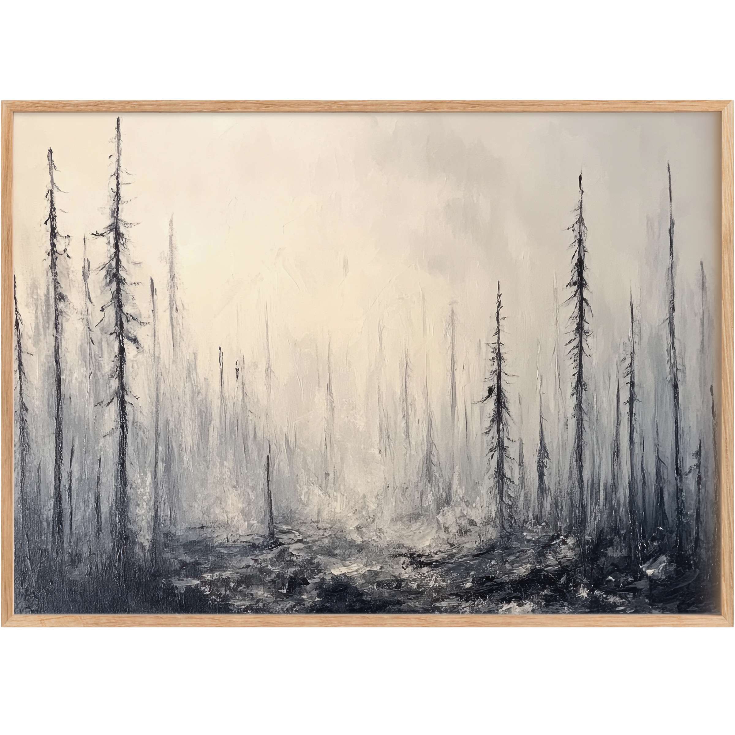 Ethereal tree printable wall art in muted grays and soft whites, evoking a calming, misty forest mood for serene living spaces