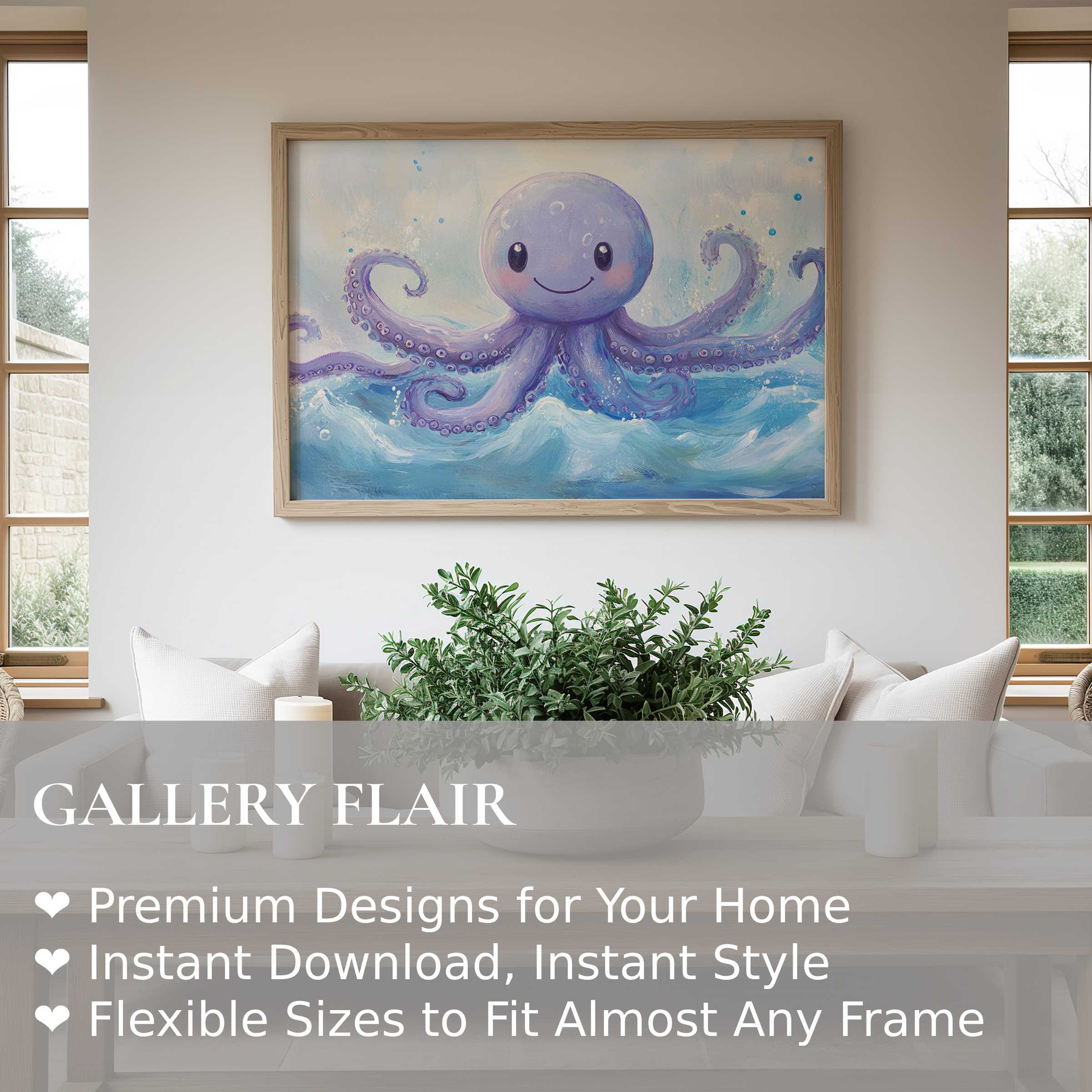 Nursery wall art print featuring a radiant, smiling octopus in soothing blues, elevating modern coastal nursery decor with charm