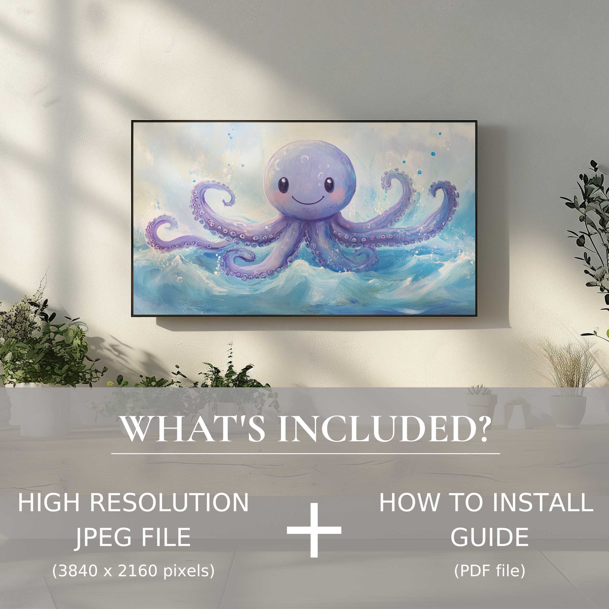 Stylish nursery digital TV art download featuring a cheerful octopus, easy digital use enhances modern living spaces