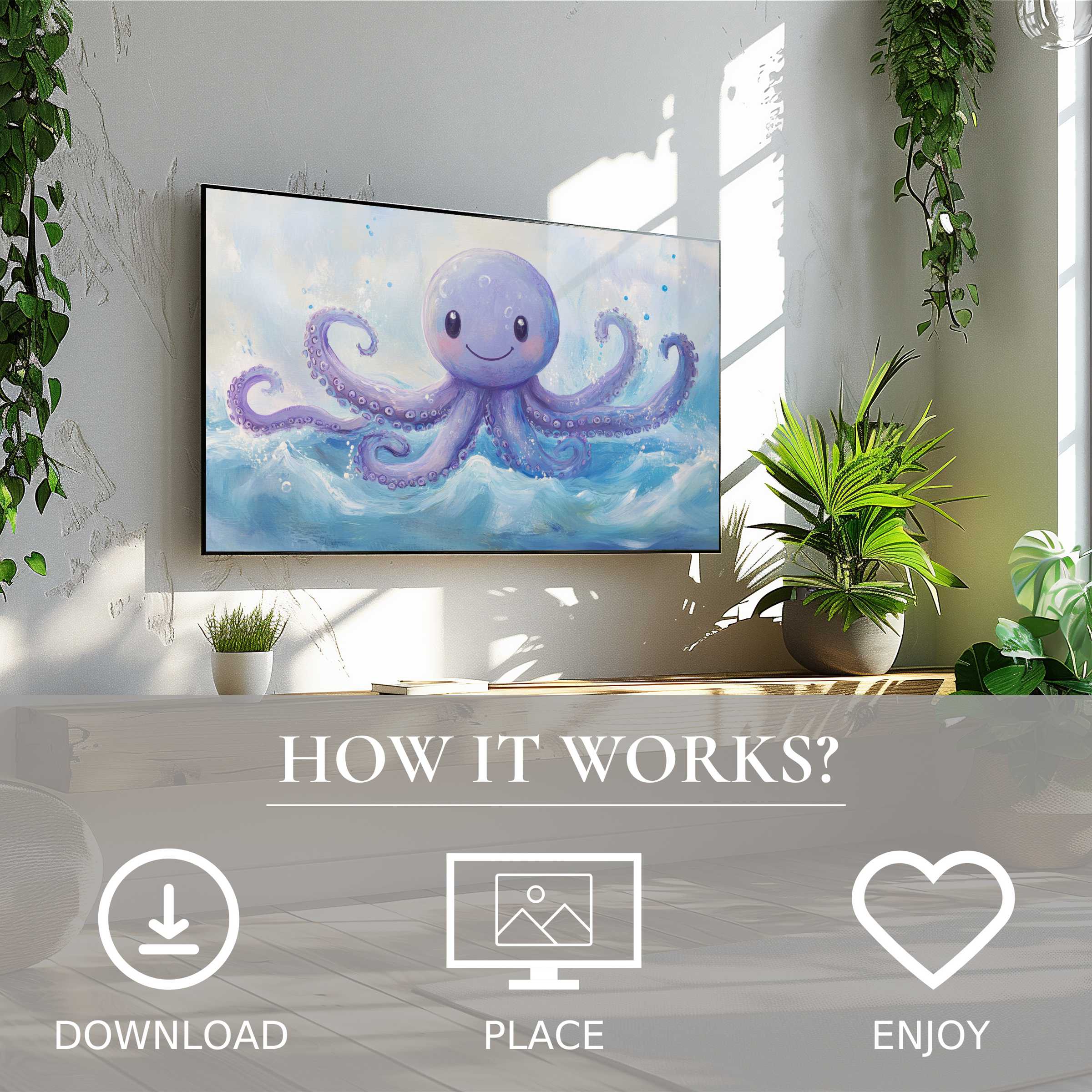 Modern nursery art for Samsung TV shows a smiling purple octopus with soft blue waves, easy digital download decor