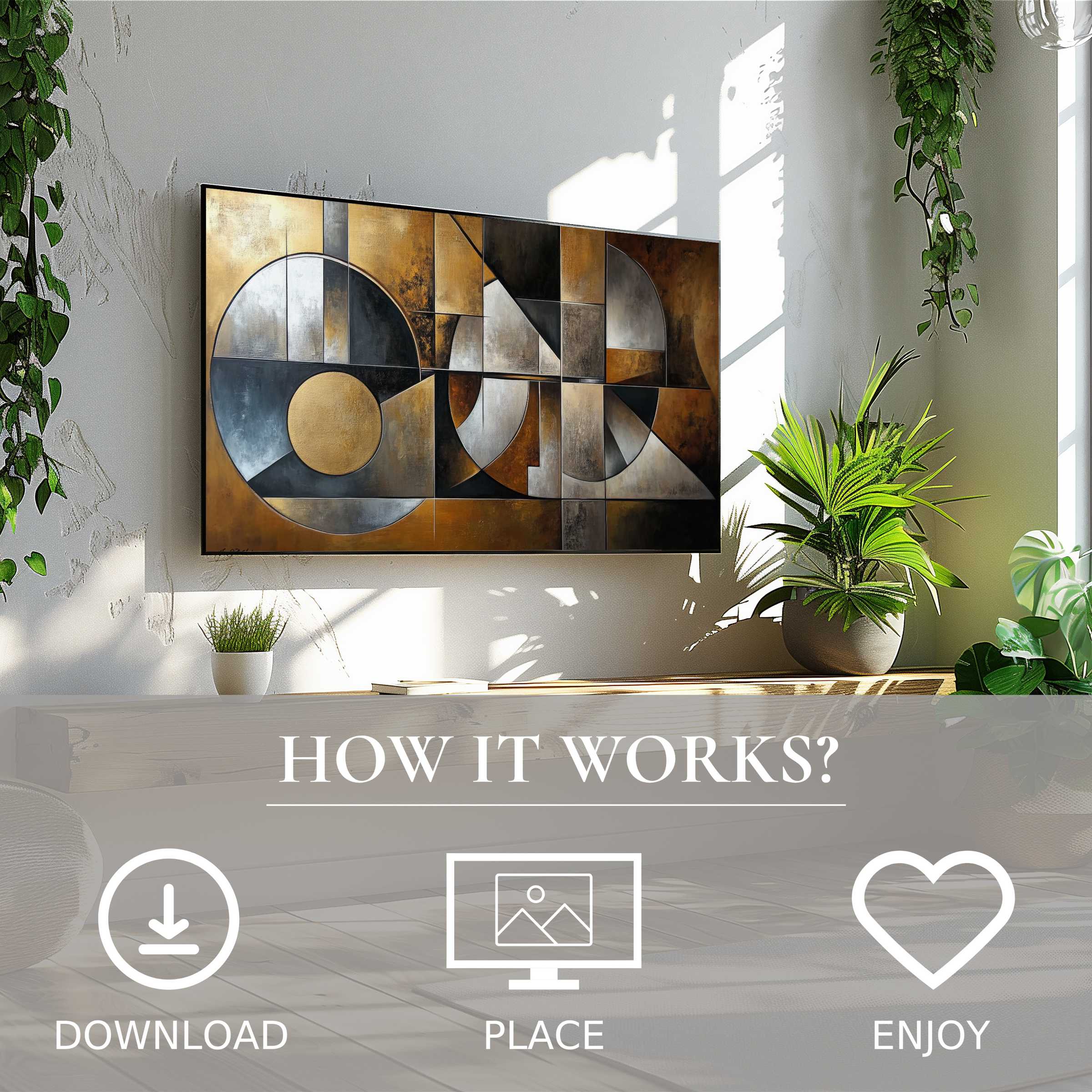 Modern art for Samsung TV with warm geometric tones, easy digital download enriching stylish living spaces with elegance