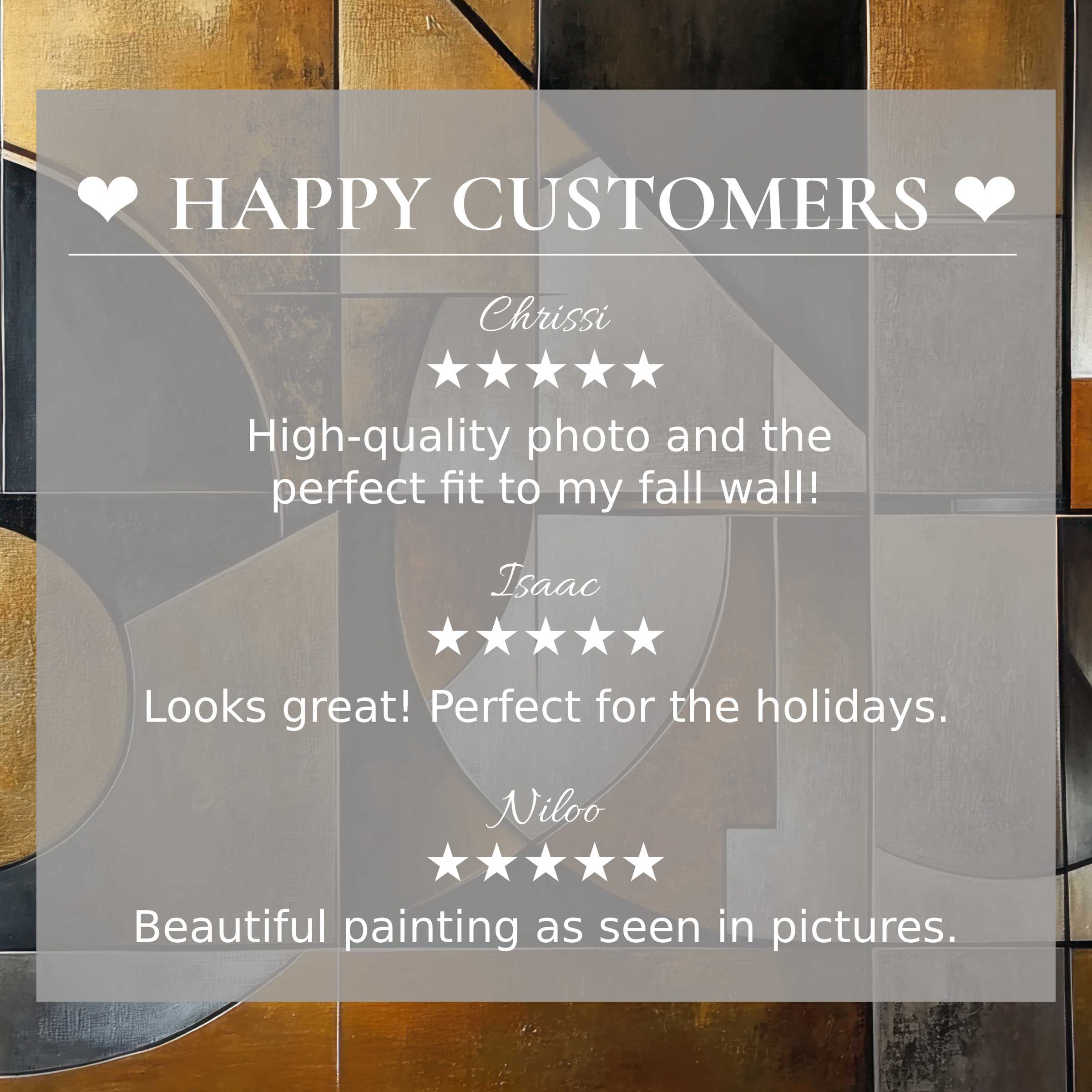 Modern art for Frame TV with abstract earth tones, showcasing happy customer reviews and elegant trust-building design
