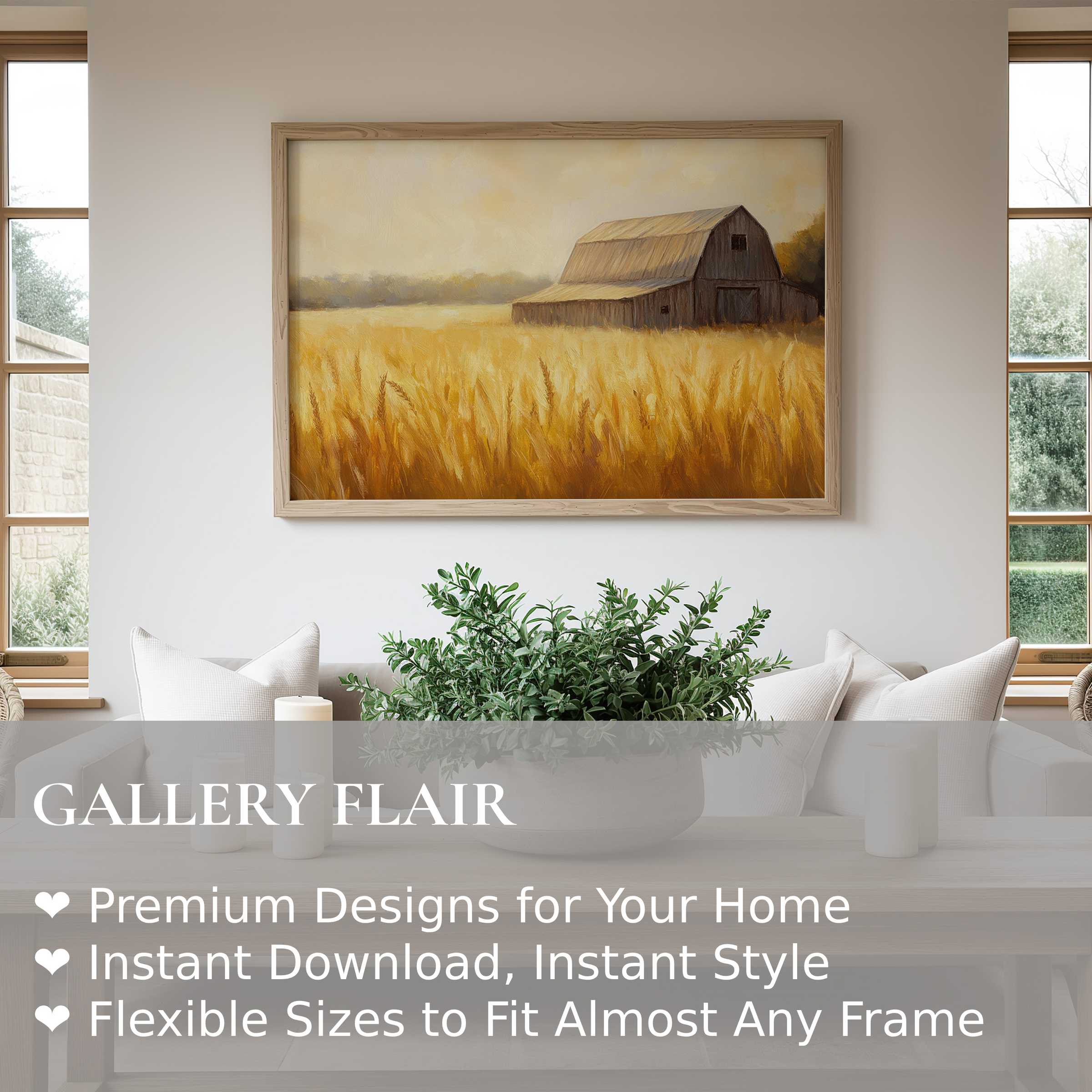 Farmhouse wall art print with radiant golden wheat field and rustic barn, enhancing serene modern farmhouse interiors