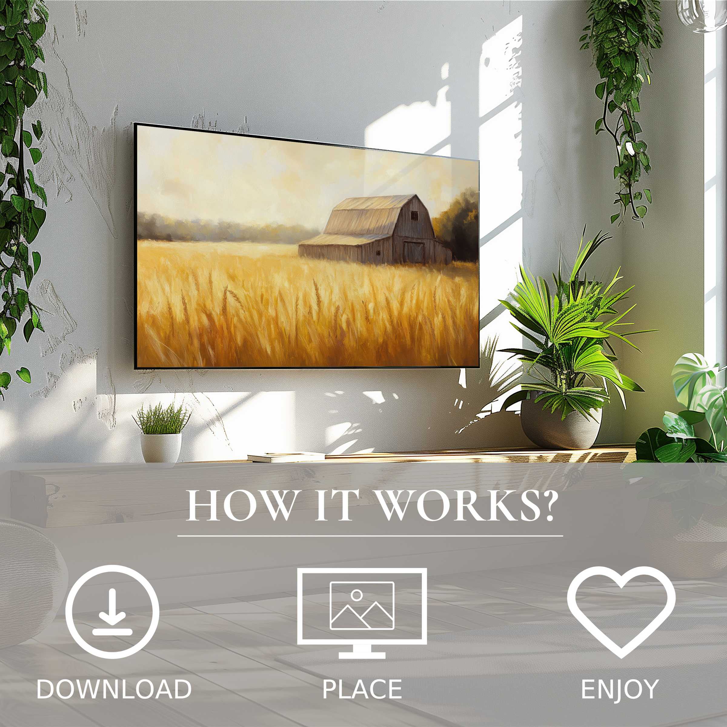 Modern living room with farmhouse art for Samsung TV; warm wheat field digital download enriches space