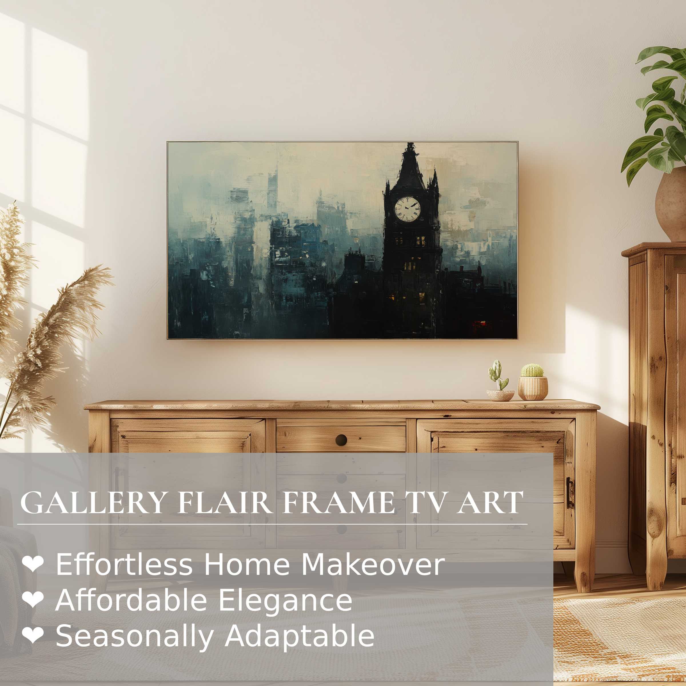 Samsung Frame TV showcasing urban digital artwork of a moody cityscape, perfect for refined home decor