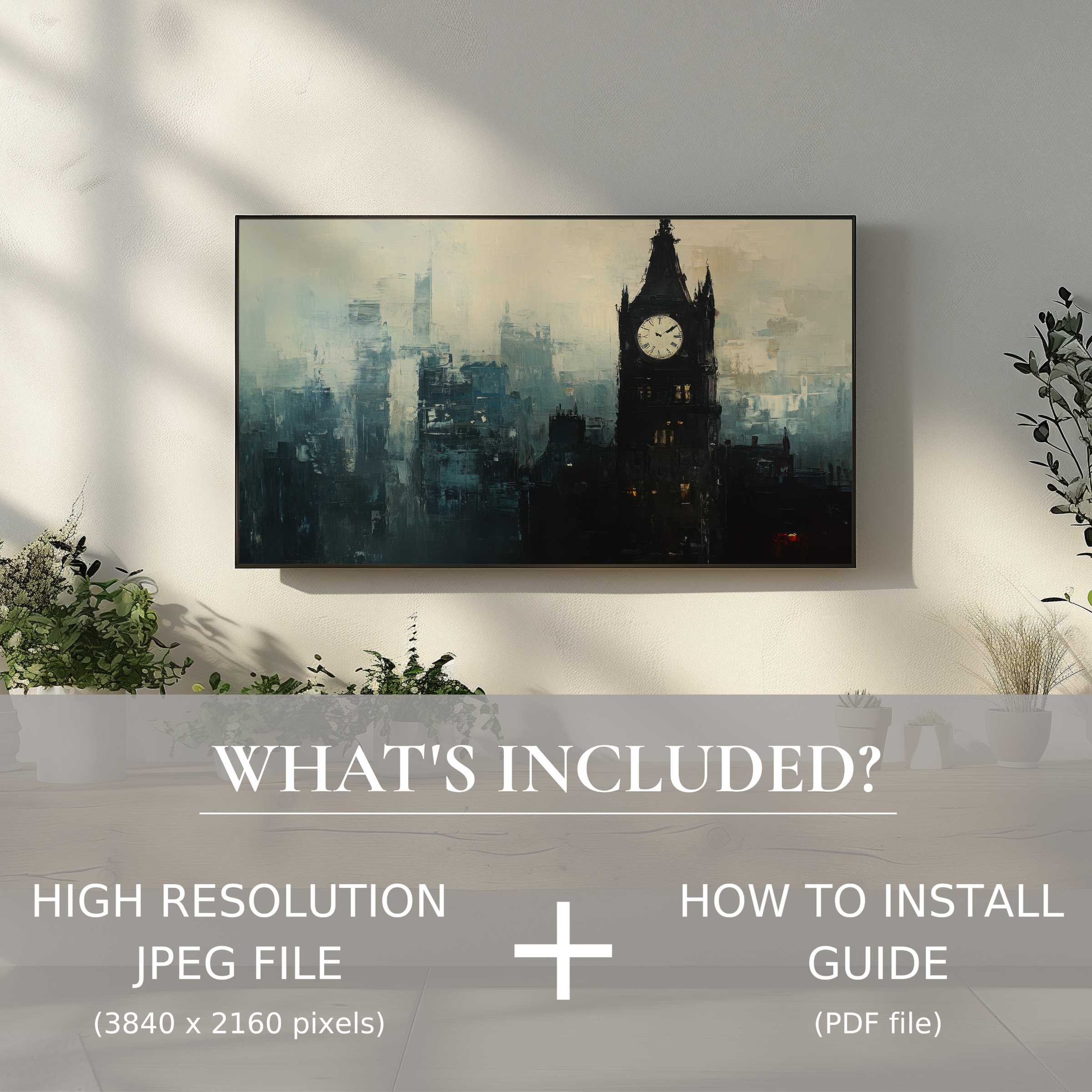 Elegant urban digital TV art download of moody cityscape, easy to use, enhancing modern living spaces with style