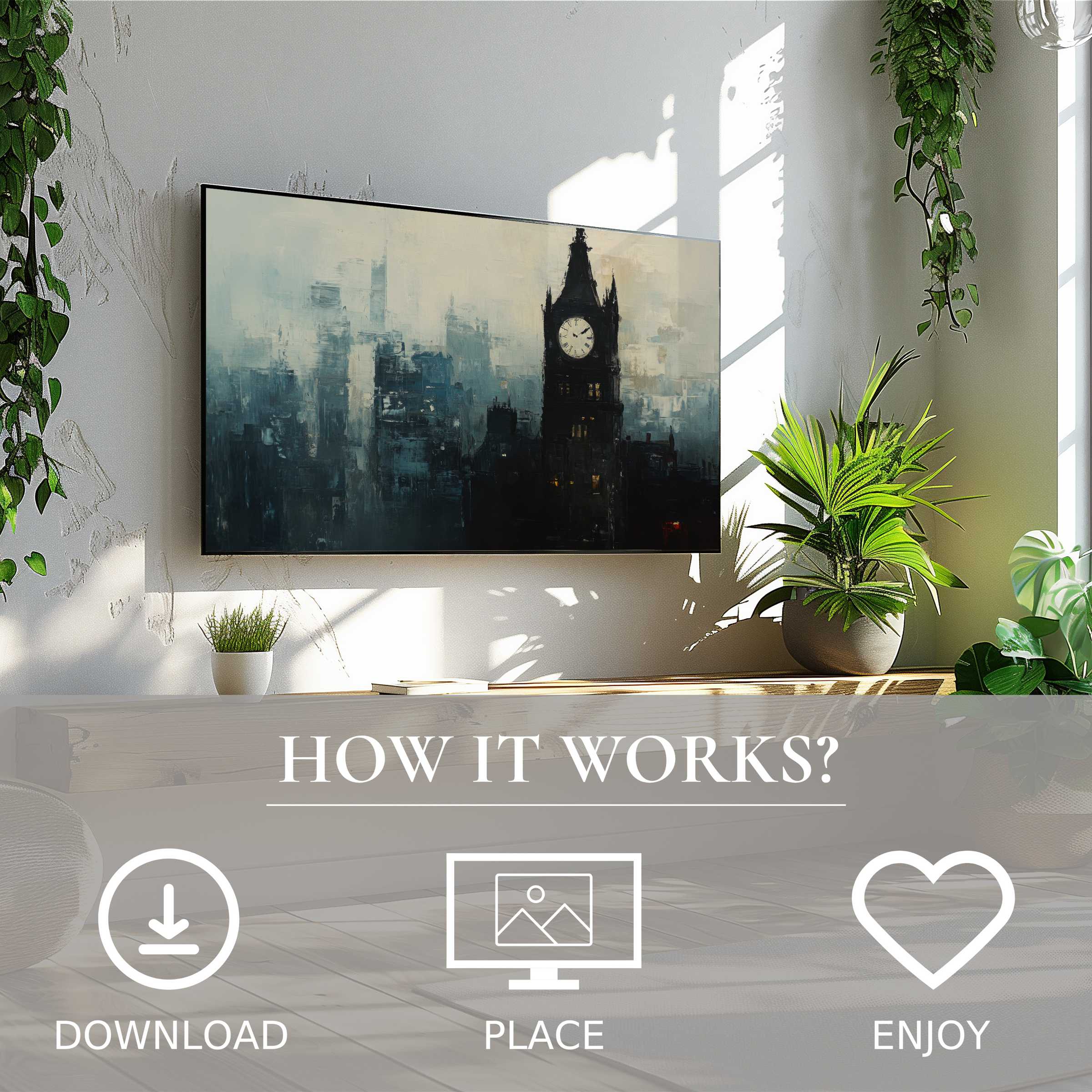 Urban art for Samsung TV: easy digital download with misty cityscape clock tower motif enriches modern, green living spaces