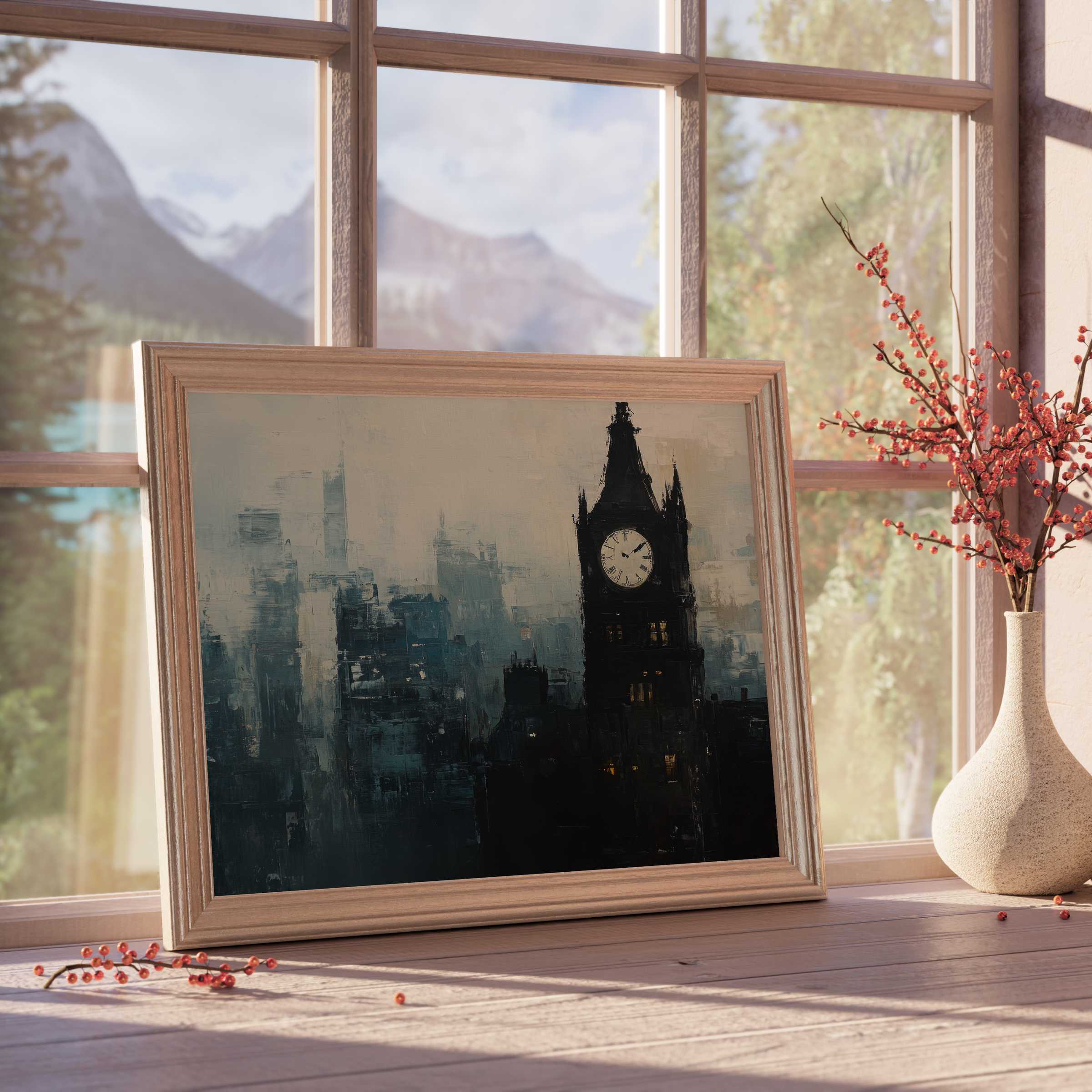 Urban downloadable art captures a serene twilight cityscape with timeless architecture, enhancing refined, tranquil interiors
