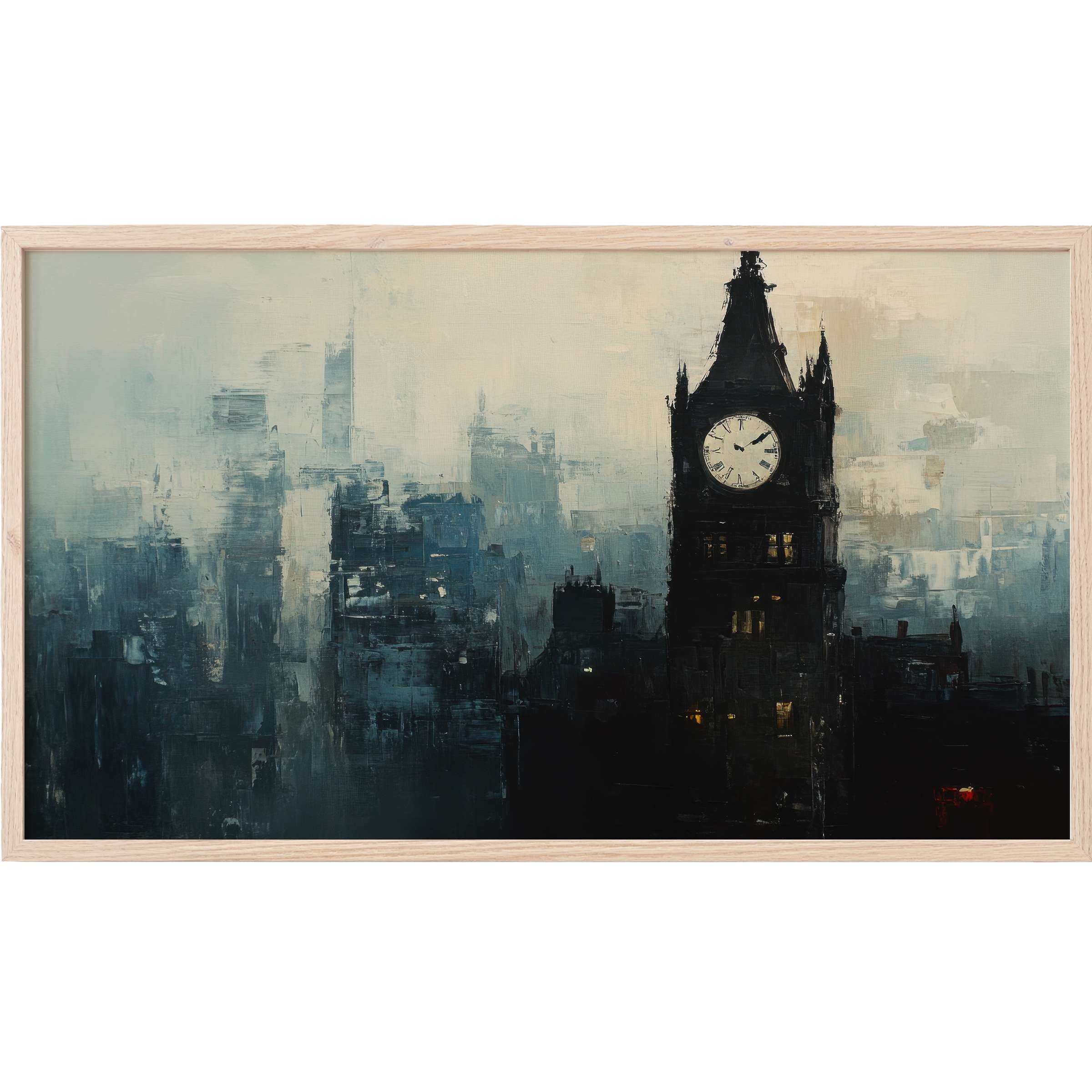 Urban Frame TV Art featuring a moody cityscape with dark blues, greys, and a striking clock tower silhouette