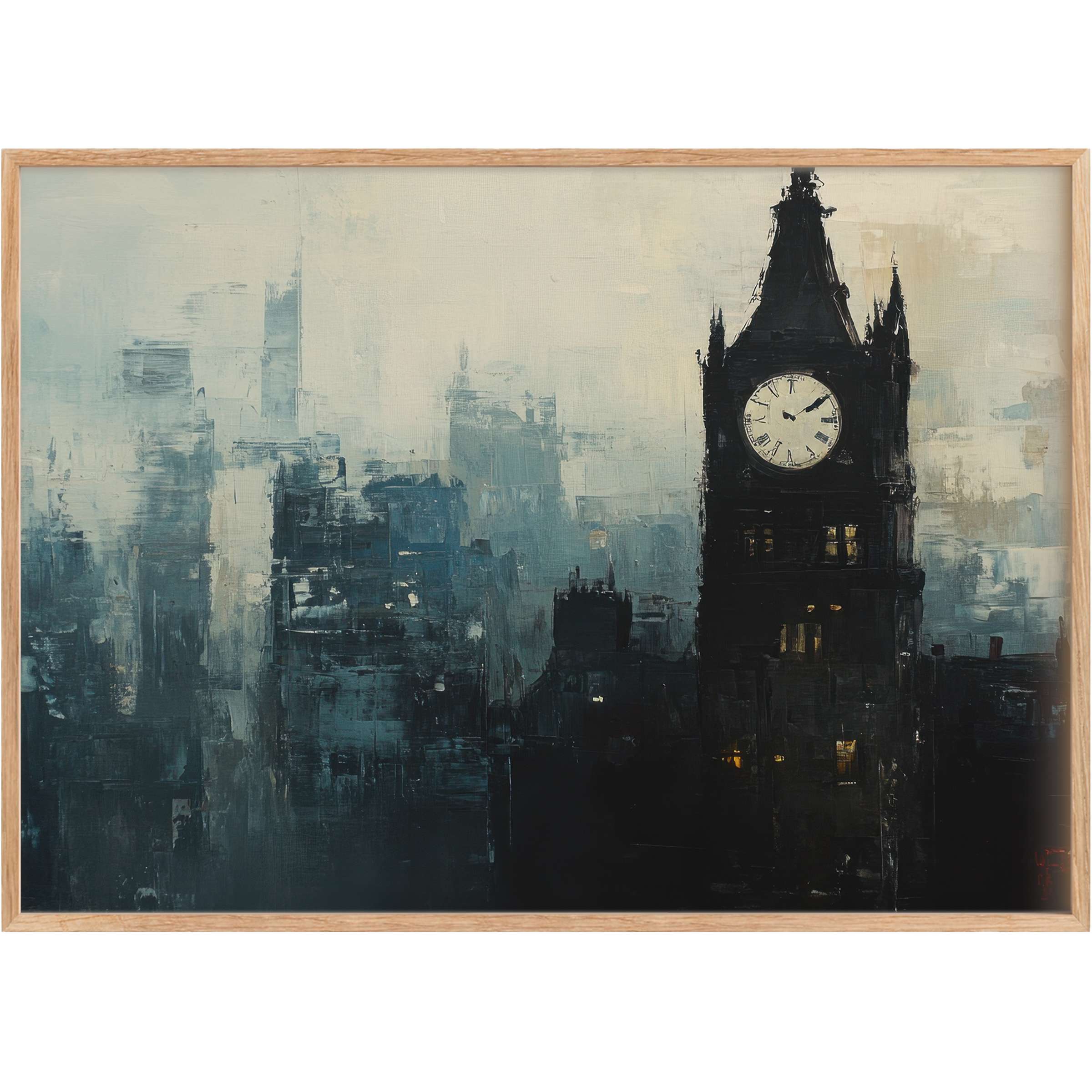 Moody urban printable wall art capturing a timeless clock tower against misty, deep blues and muted grays for a sophisticated, contemplative ambiance