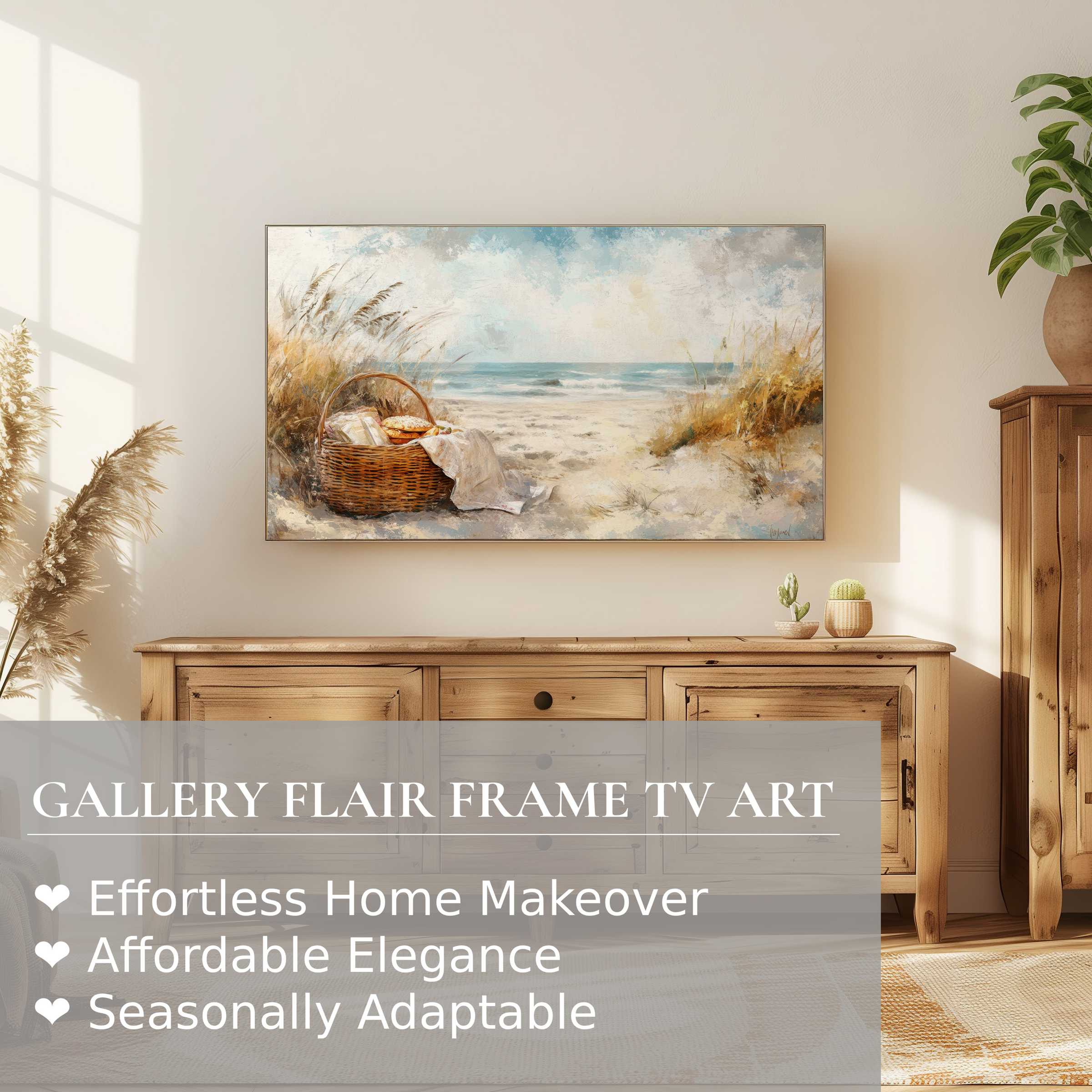 Samsung Frame TV displaying coastal digital artwork in a serene, modern living room with natural wood accents