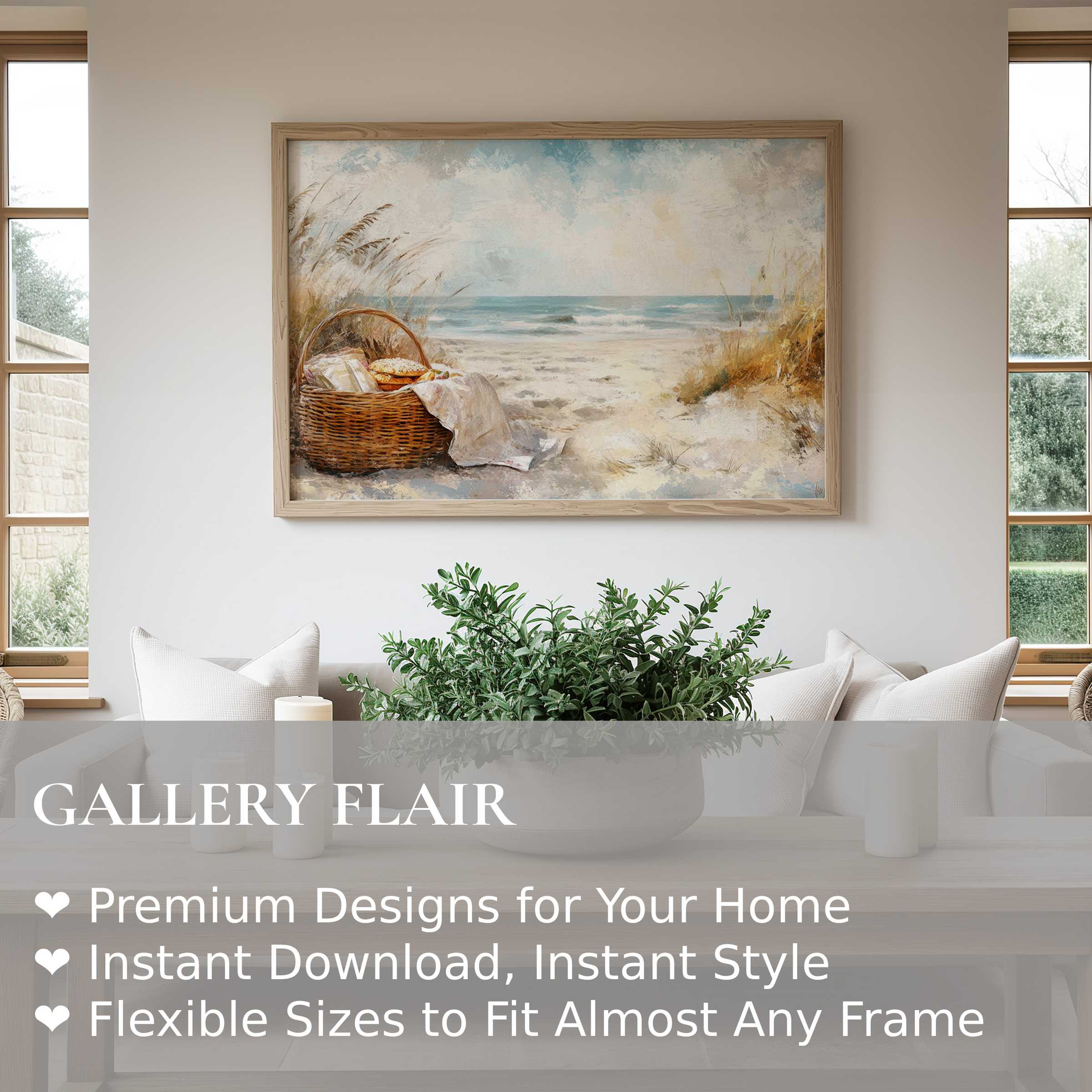 Coastal wall art print featuring a serene beach scene with a rustic basket, evoking soft, calming coastal charm Enhances modern farmhouse interiors with natural textures and tranquil blue hues