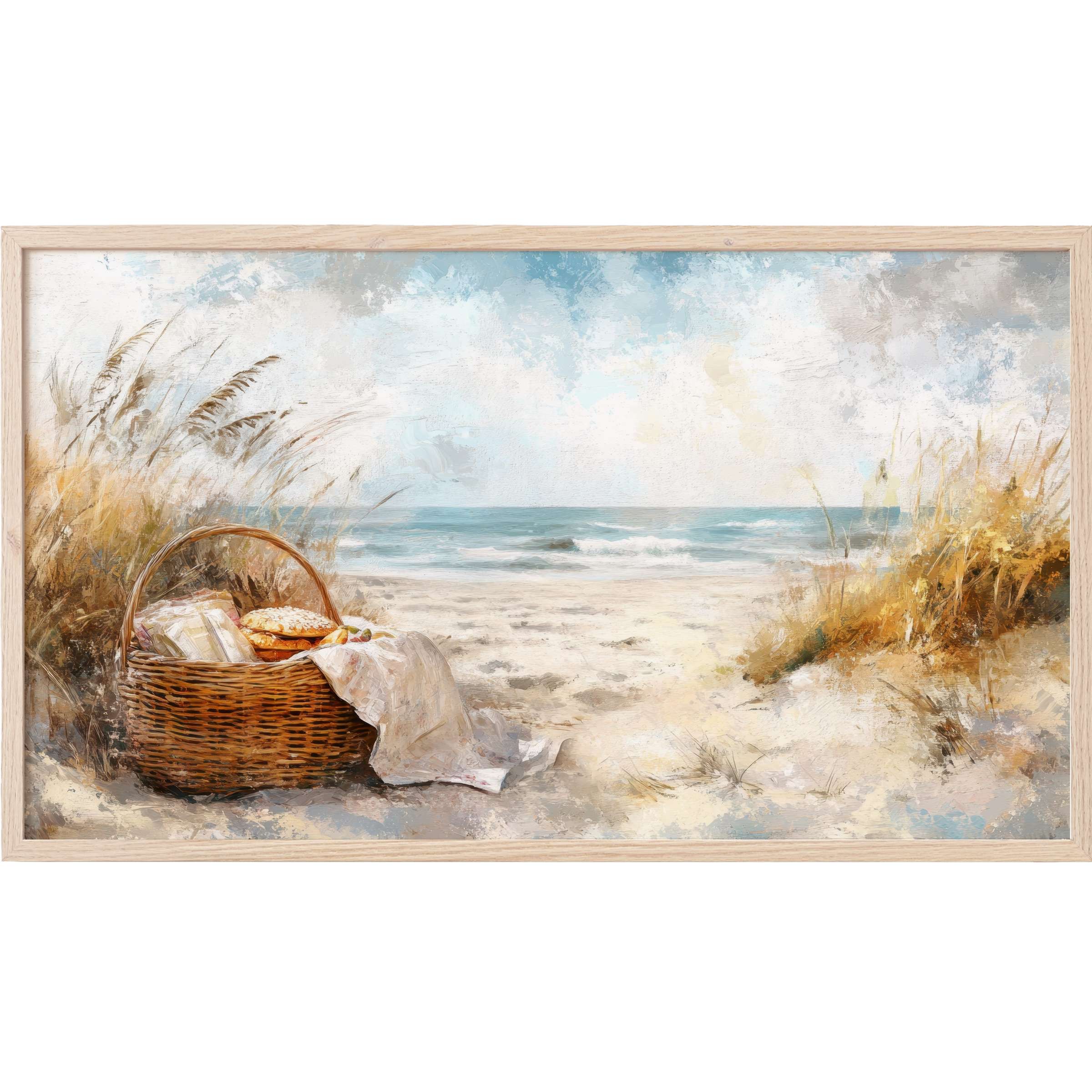 Coastal Frame TV Art depicting a serene beach scene with warm earthy tones and soft, textured brushstrokes