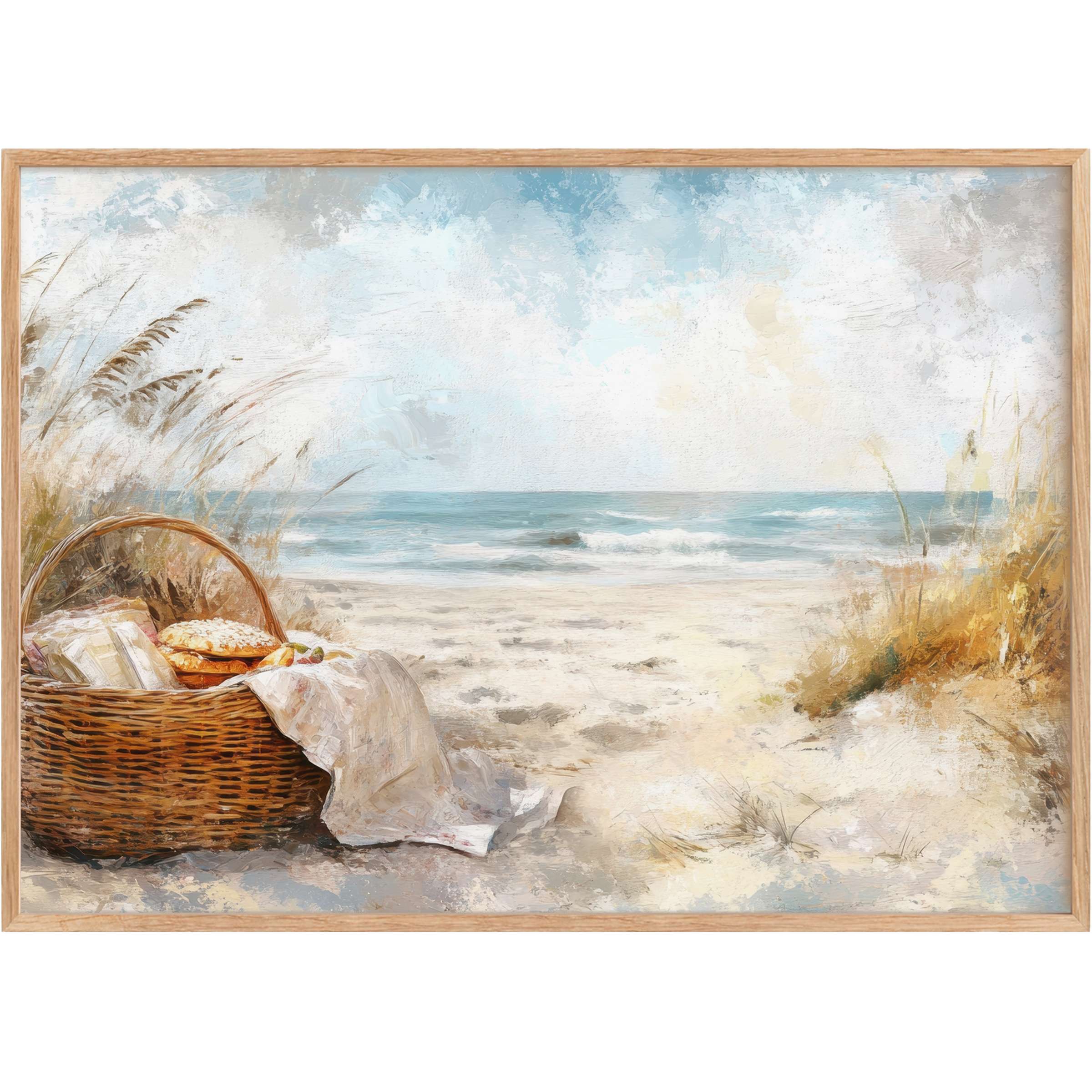 Coastal printable wall art capturing a serene beach picnic scene with soft blues and warm sandy hues, evoking tranquil elegance