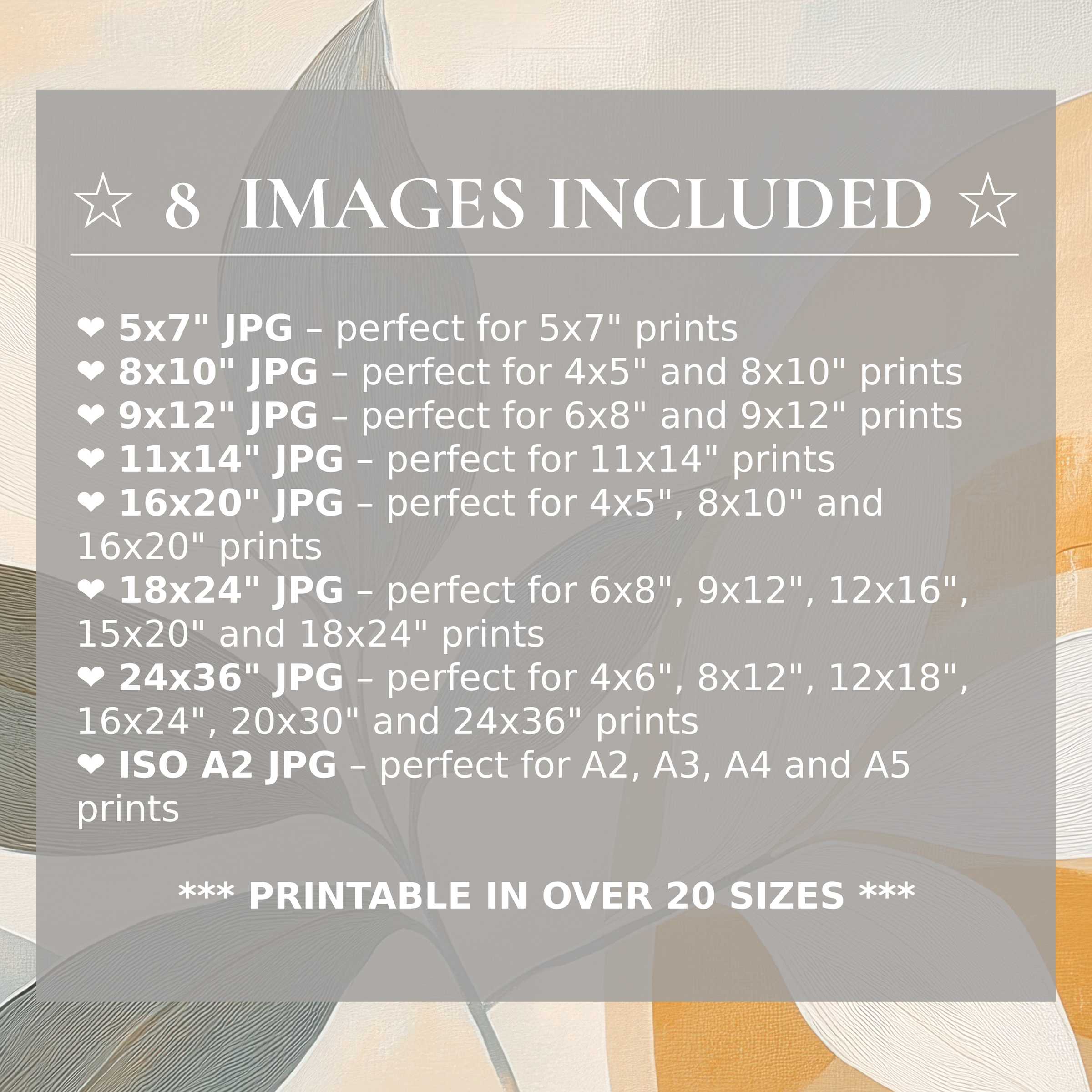 Botanical digital print in soft grays and warm ochres, radiating calm sophistication; includes 8 high-quality sizes for versatile modern décor