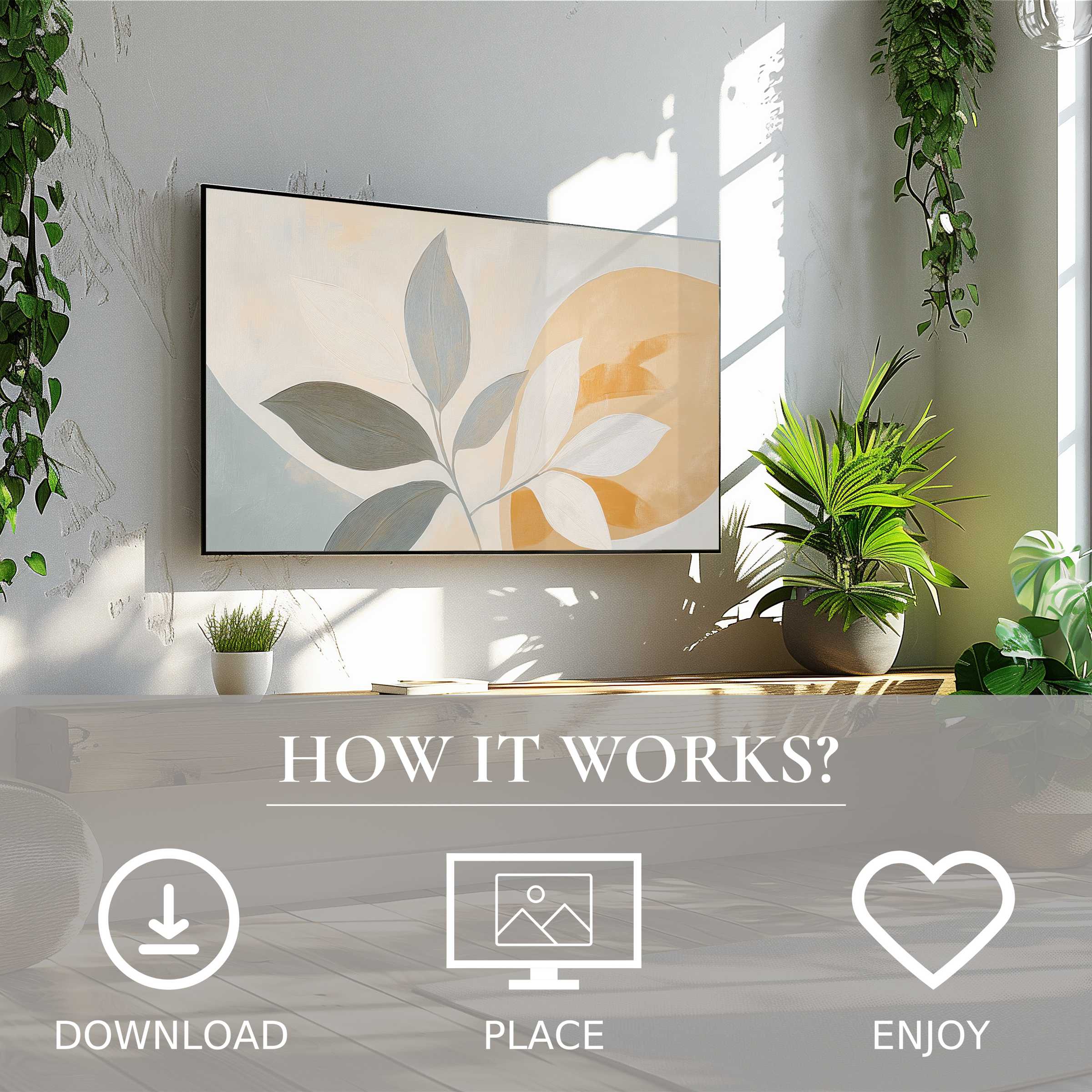 Botanical art for Samsung TV with soft sunset tones, easy digital download, enriches modern living spaces beautifully